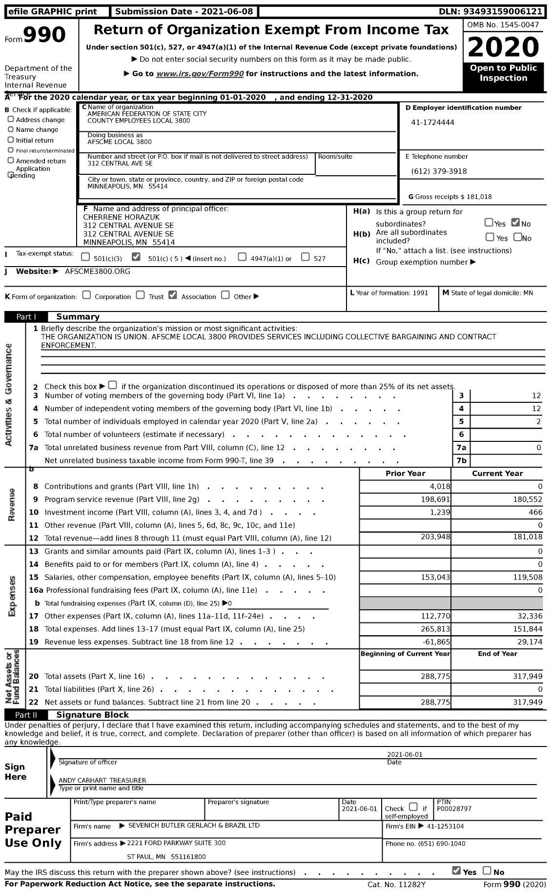 Image of first page of 2020 Form 990 for American Federation of State County & Municipal Employees - AFSCME Local 3800