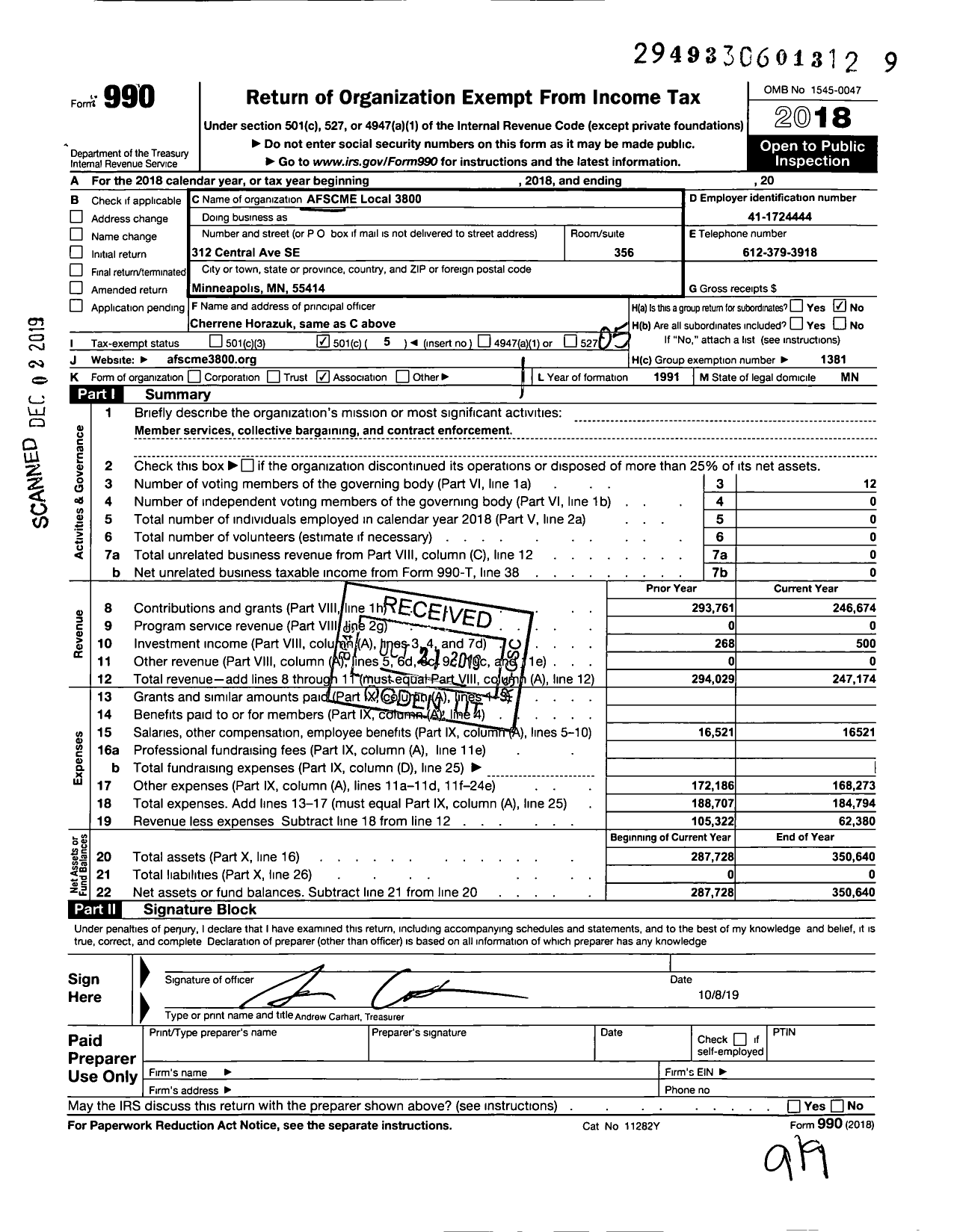 Image of first page of 2018 Form 990O for American Federation of State County & Municipal Employees - AFSCME Local 3800