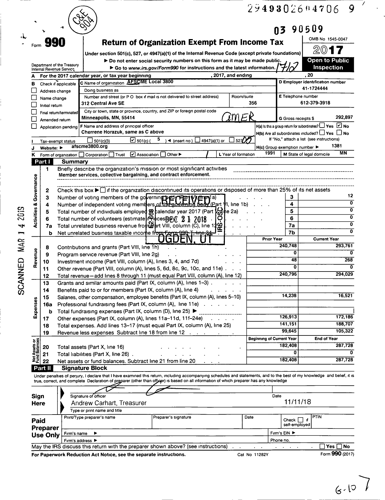 Image of first page of 2017 Form 990O for American Federation of State County & Municipal Employees - AFSCME Local 3800