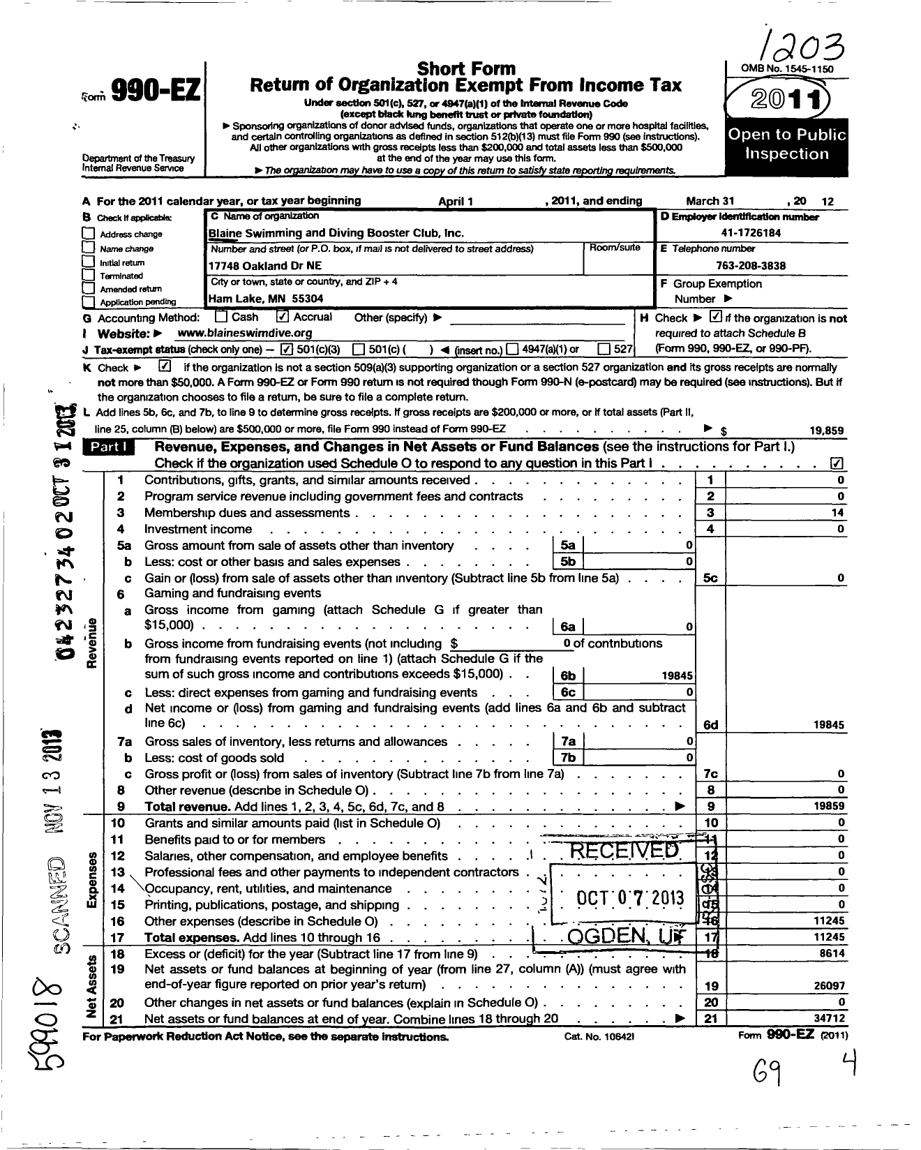 Image of first page of 2011 Form 990EZ for Blaine Swimming and Diving Booster Club