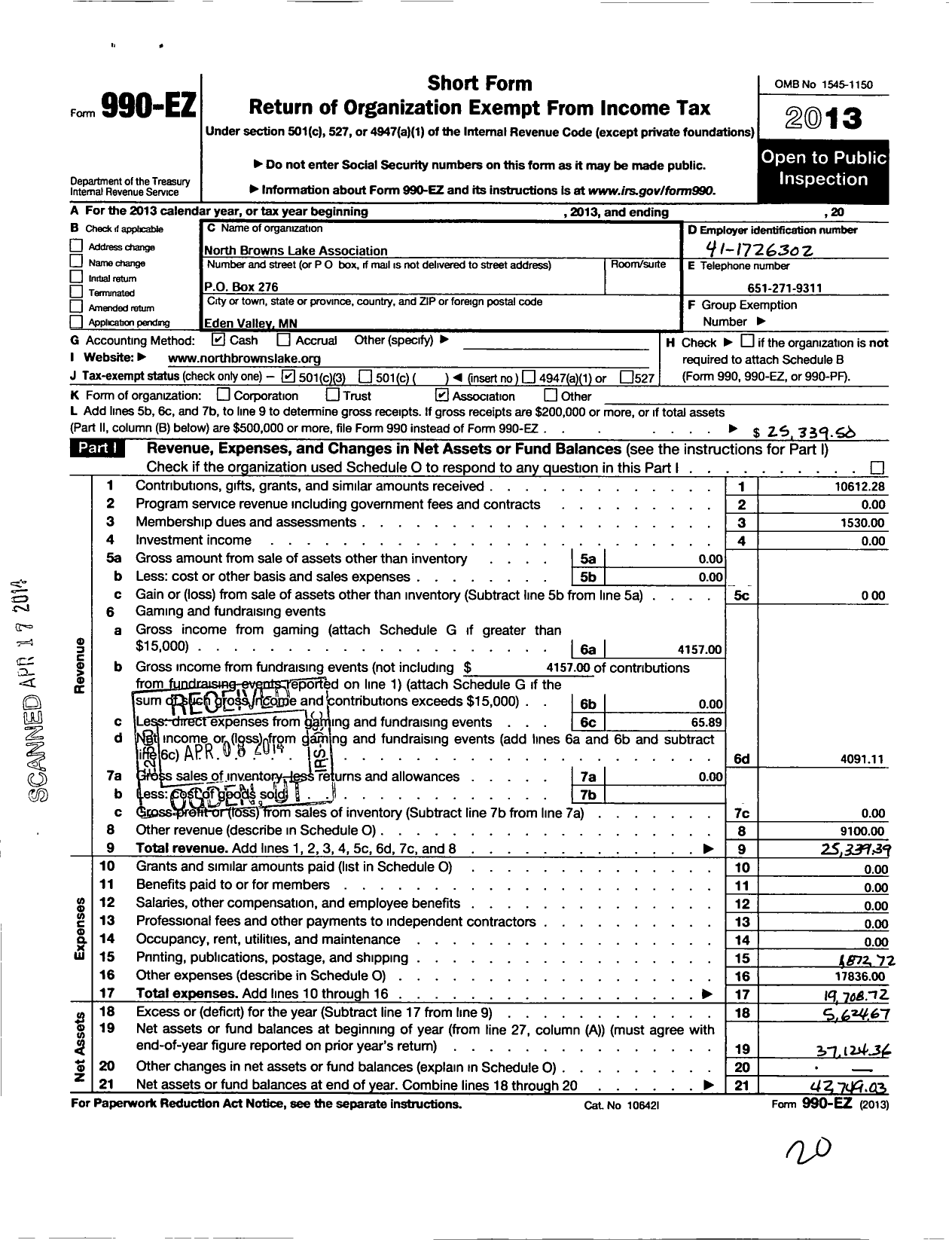 Image of first page of 2013 Form 990EZ for North Browns Lake Association