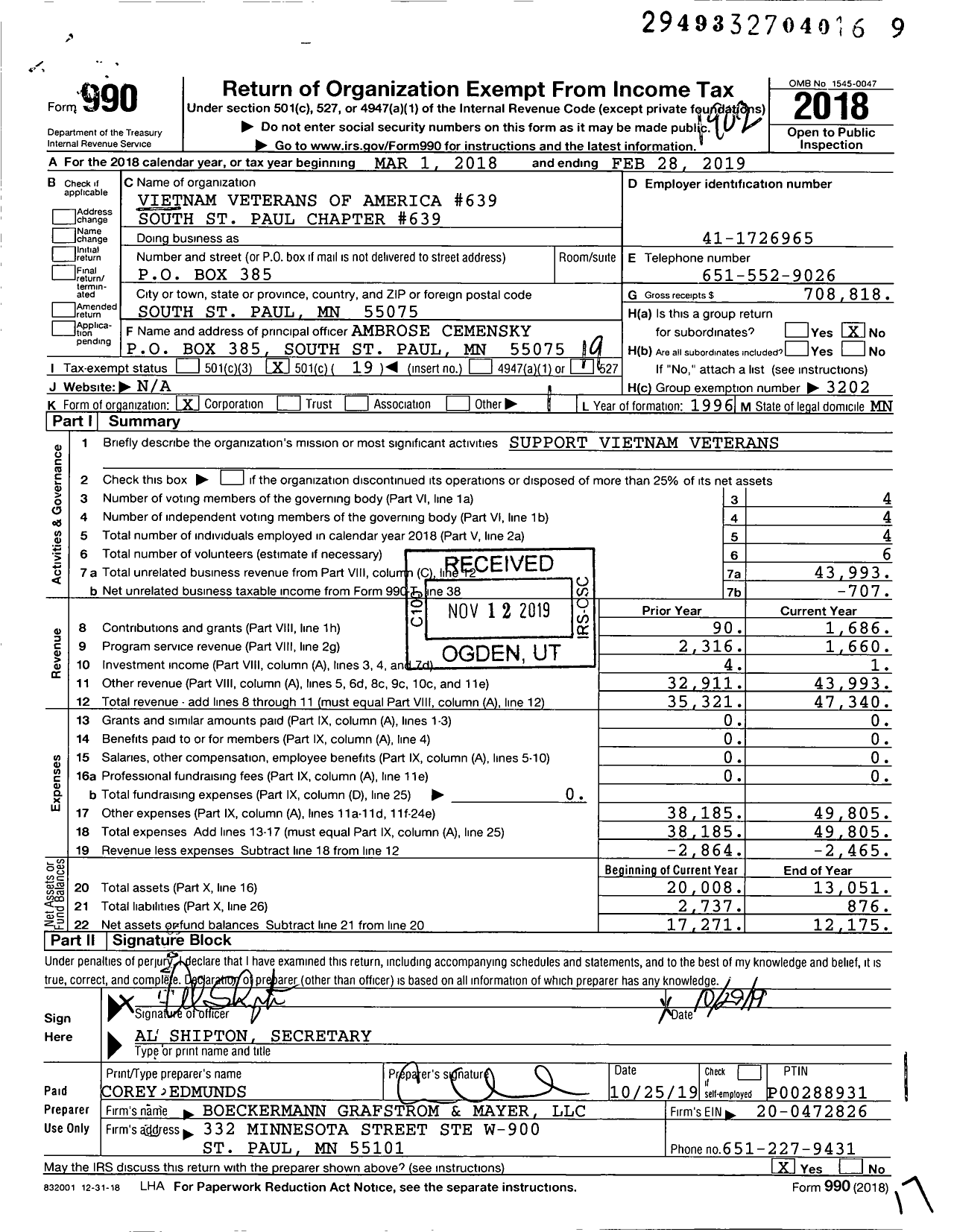 Image of first page of 2018 Form 990O for Vietnam Veterans of America - 639 South Saint Paul Chapter