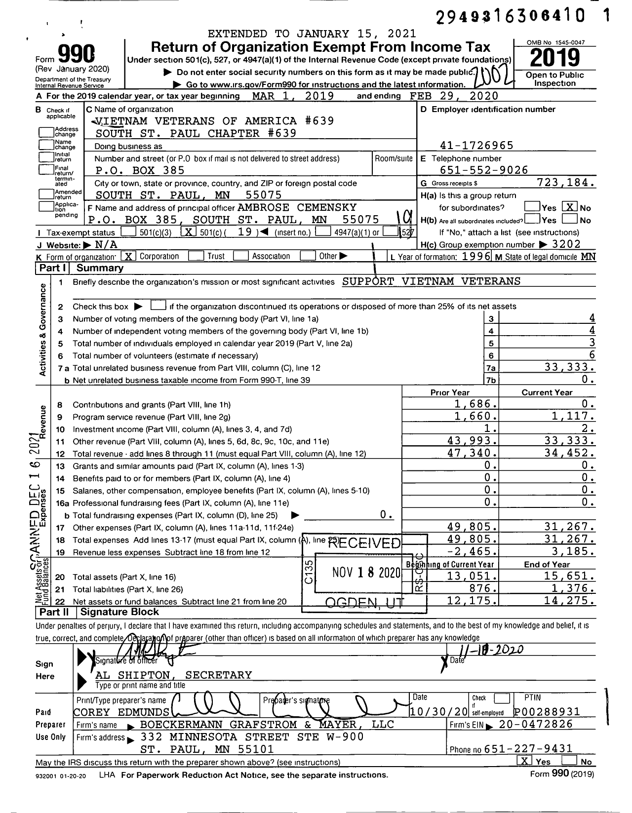 Image of first page of 2019 Form 990O for Vietnam Veterans of America - 639 South Saint Paul Chapter