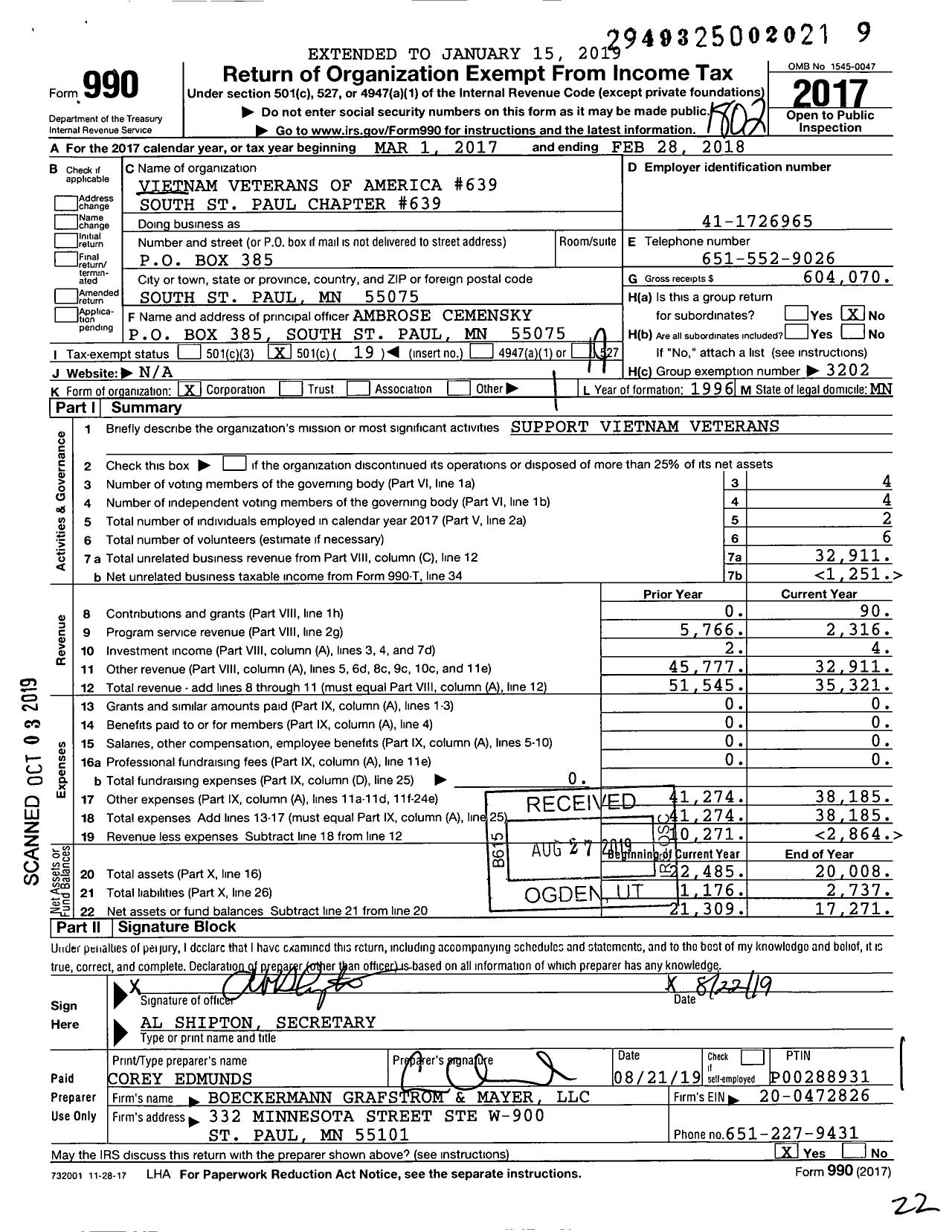 Image of first page of 2017 Form 990O for Vietnam Veterans of America - 639 South Saint Paul Chapter