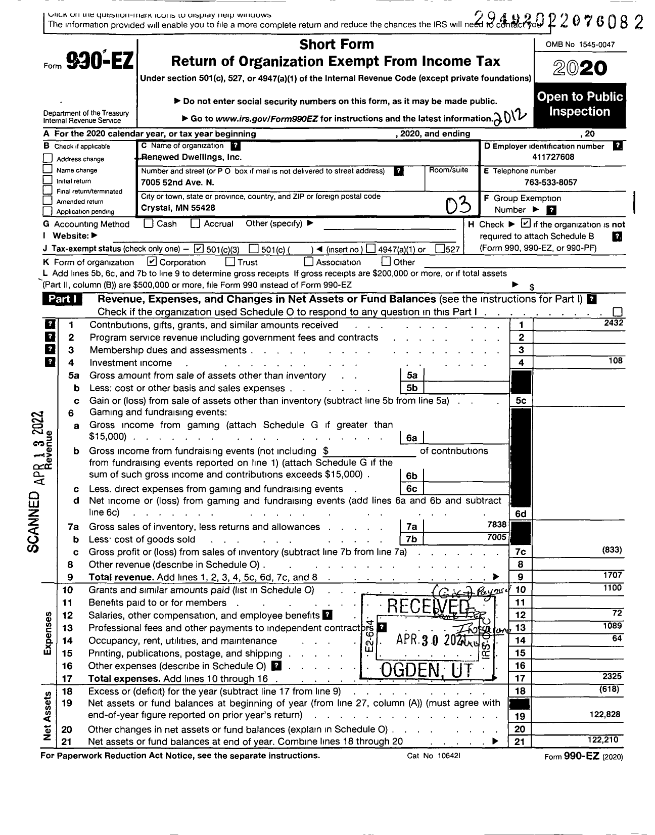 Image of first page of 2020 Form 990EZ for Renewed Dwellings