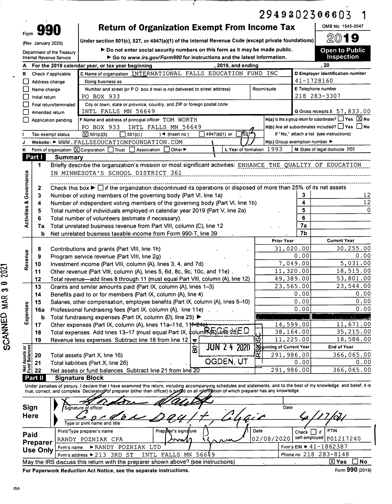 Image of first page of 2019 Form 990 for International Falls Education Fund