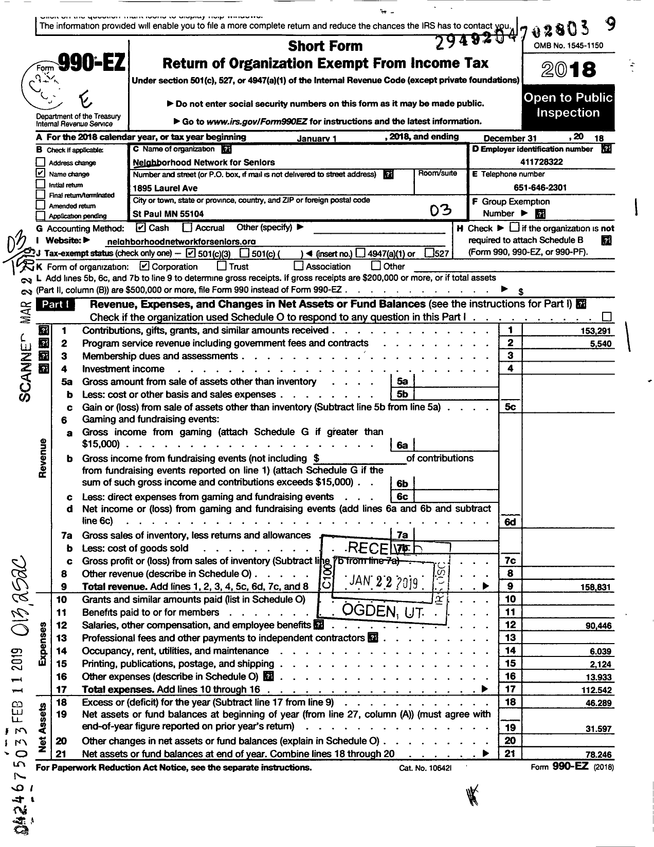 Image of first page of 2018 Form 990EZ for Neighborhood Network for Seniors