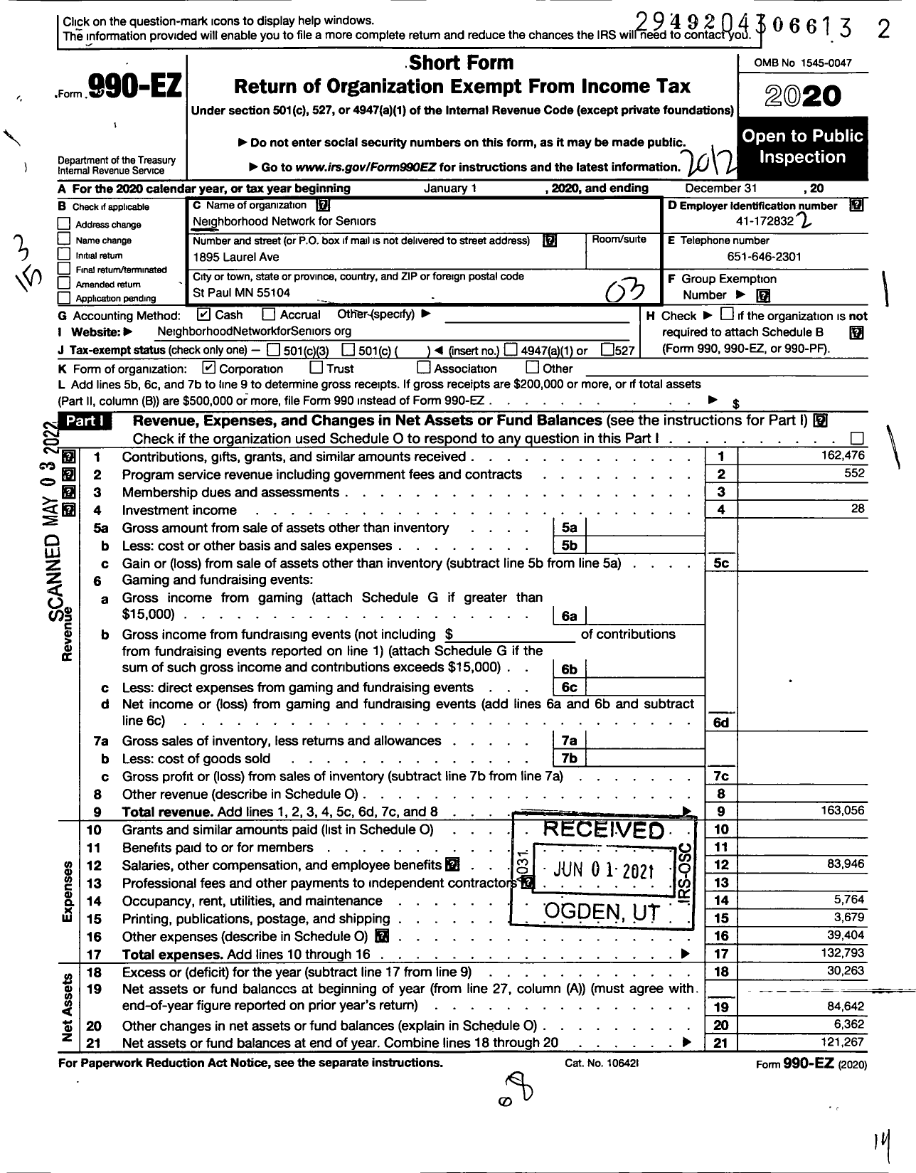 Image of first page of 2020 Form 990EZ for Neighborhood Network for Seniors