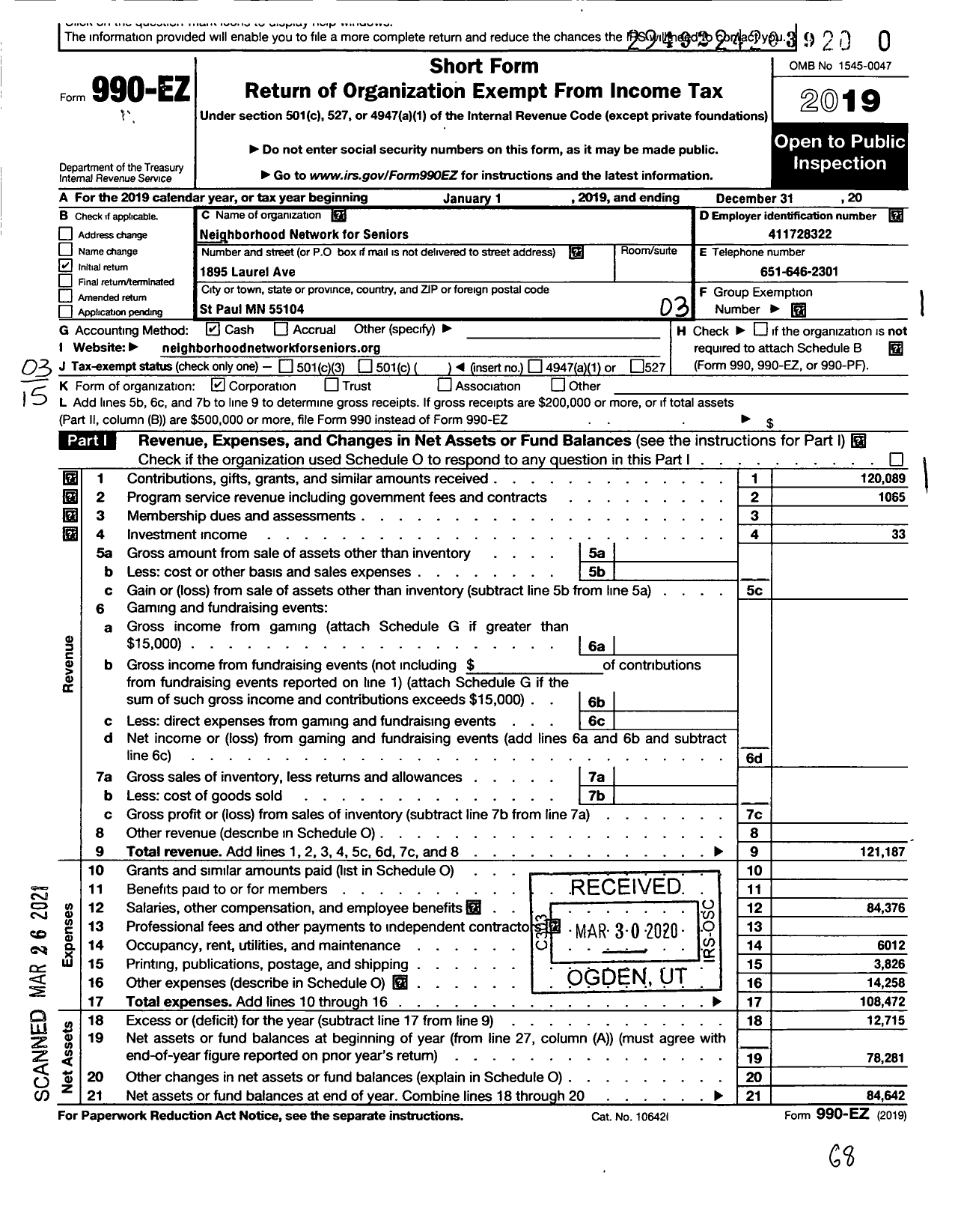 Image of first page of 2019 Form 990EZ for Neighborhood Network for Seniors
