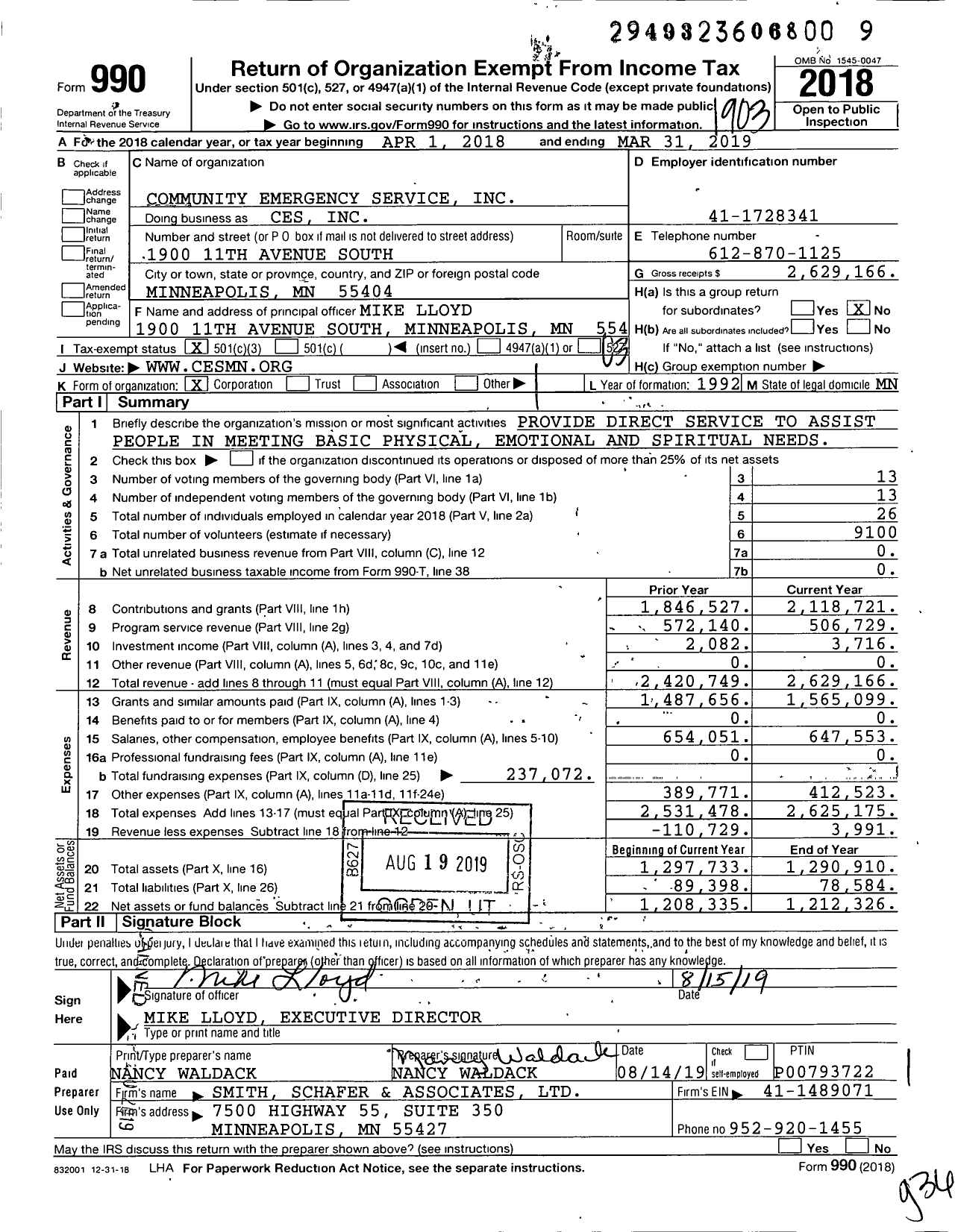 Image of first page of 2018 Form 990 for Community Emergency Service (CES)