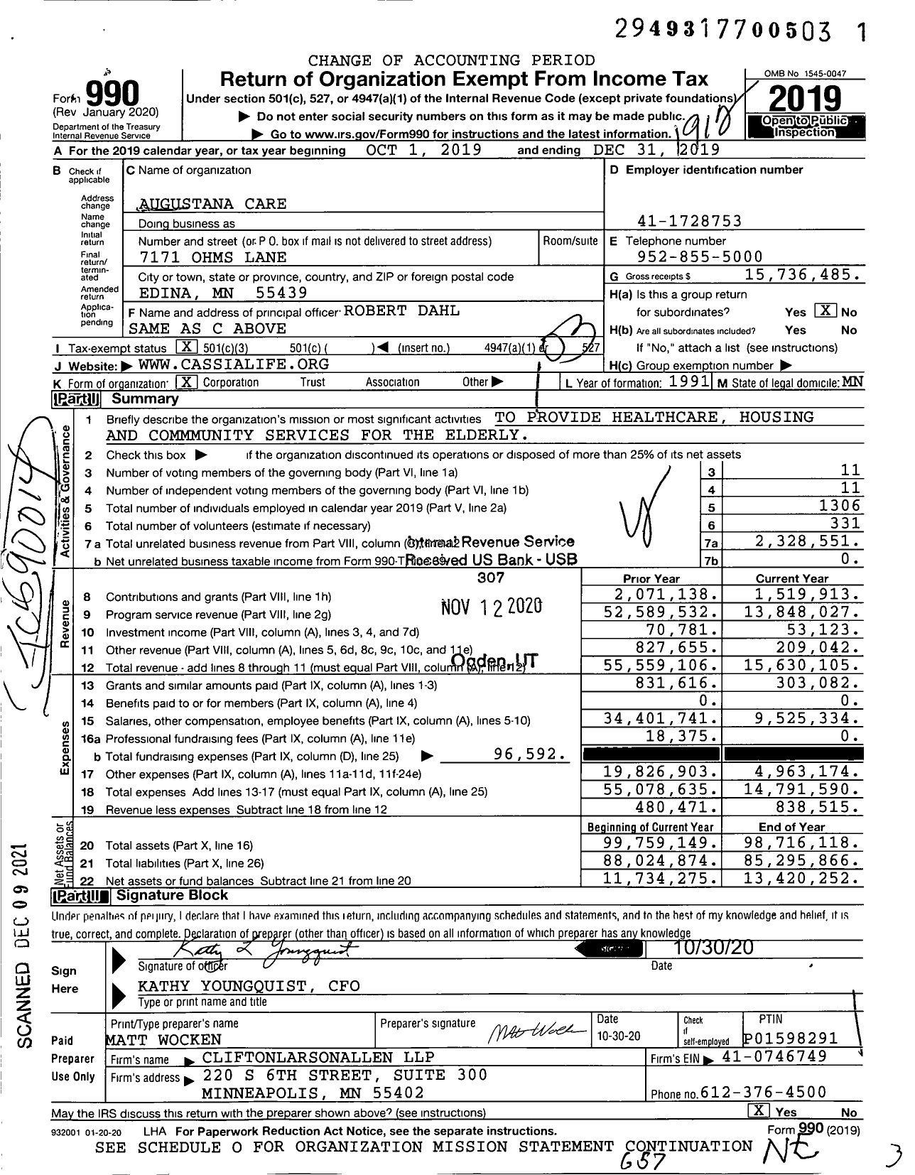 Image of first page of 2019 Form 990 for Augustana Care