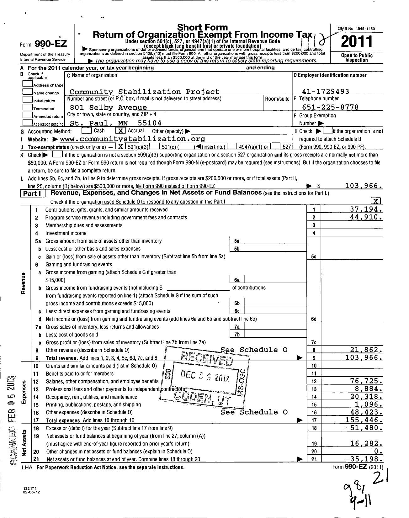 Image of first page of 2011 Form 990EZ for Community Stabilization Project