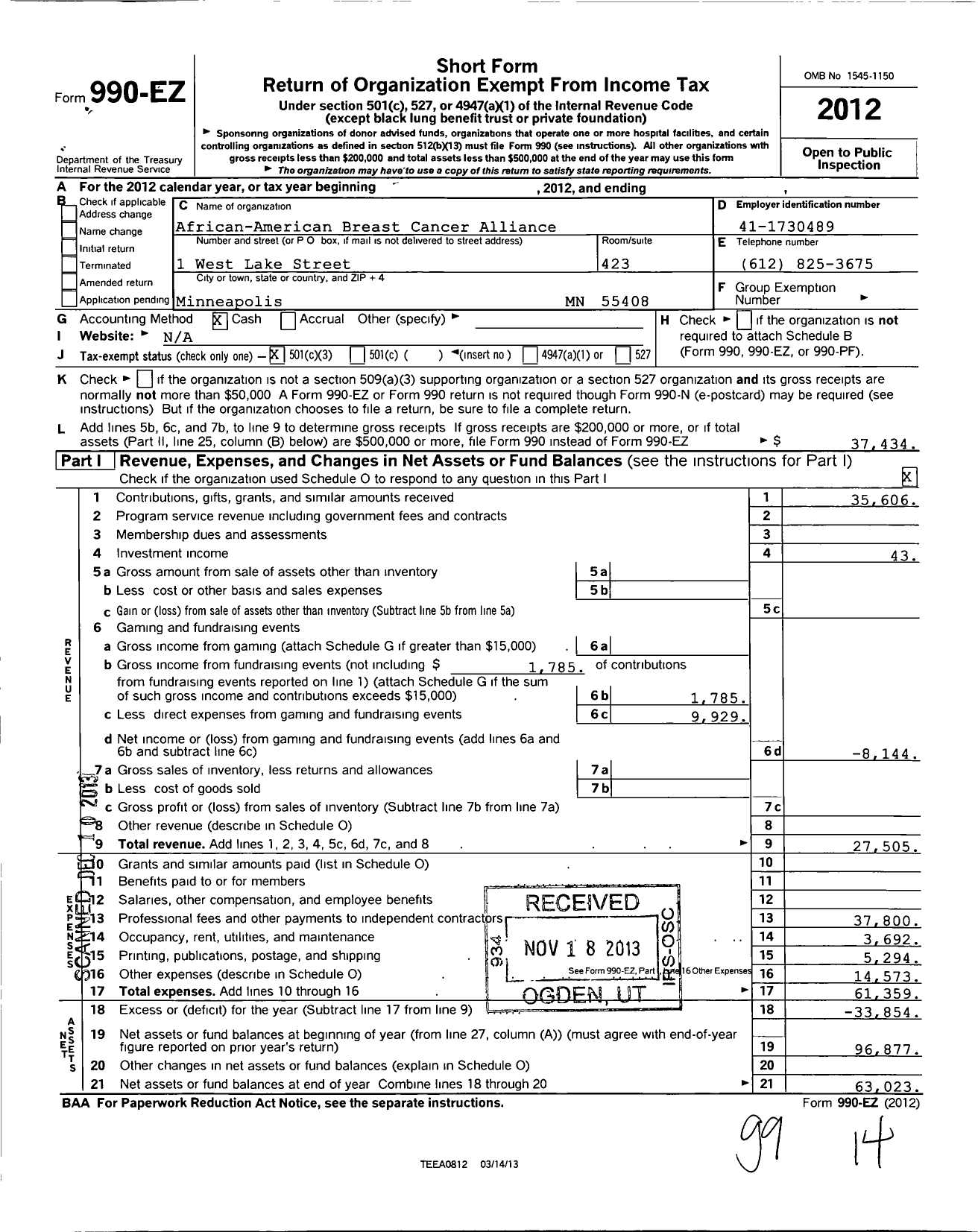 Image of first page of 2012 Form 990EZ for African American Breast Cancer Alliance