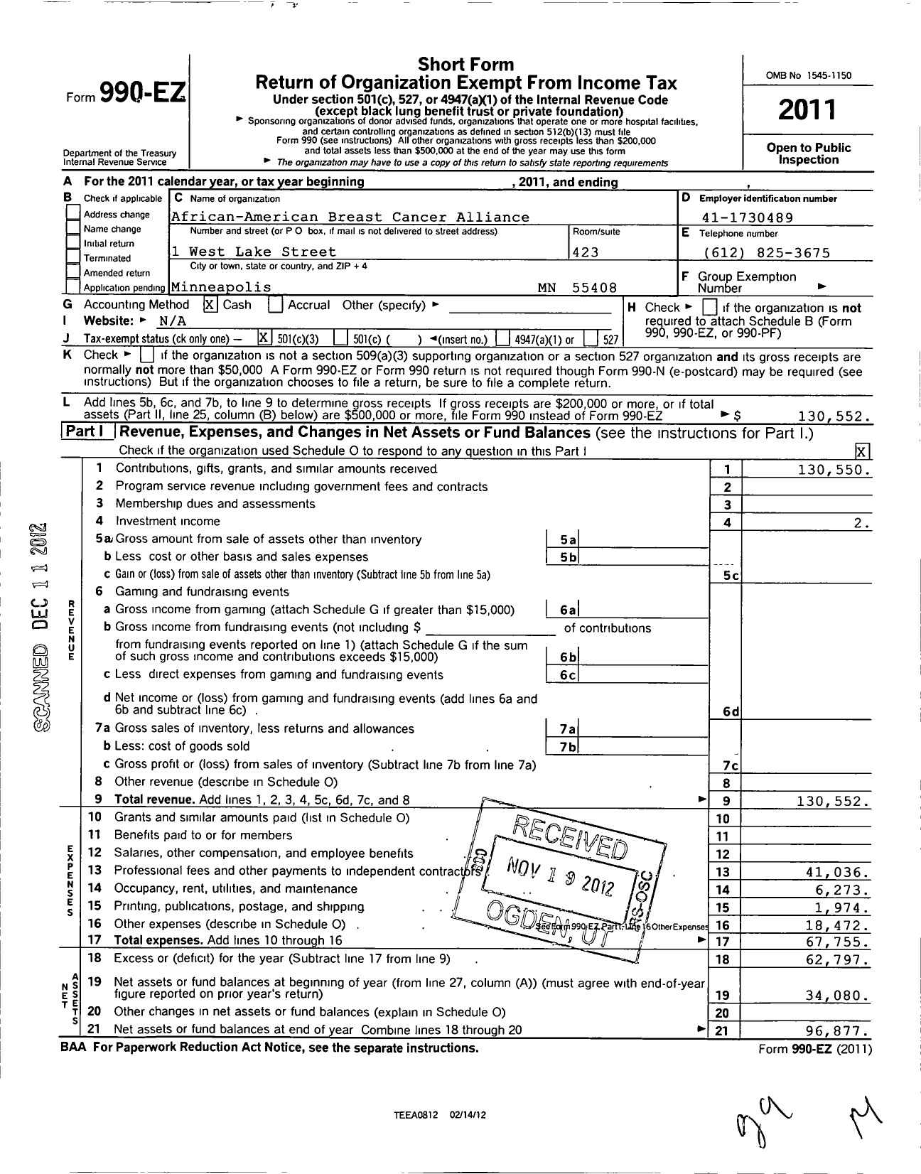 Image of first page of 2011 Form 990EZ for African American Breast Cancer Alliance