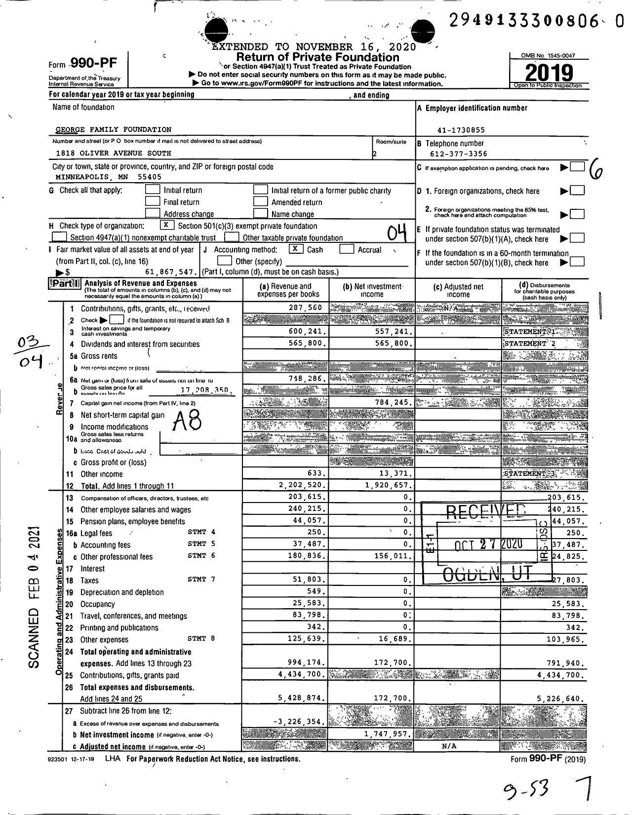 Image of first page of 2019 Form 990PF for George Family Foundation