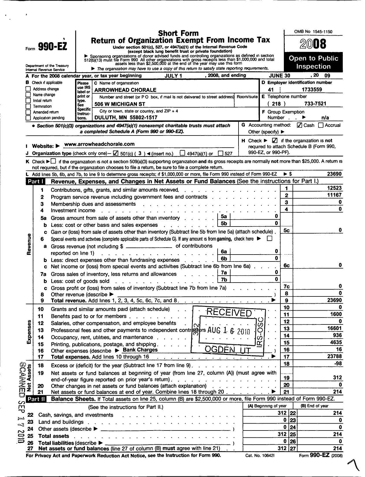 Image of first page of 2008 Form 990EZ for Arrowhead Chorale