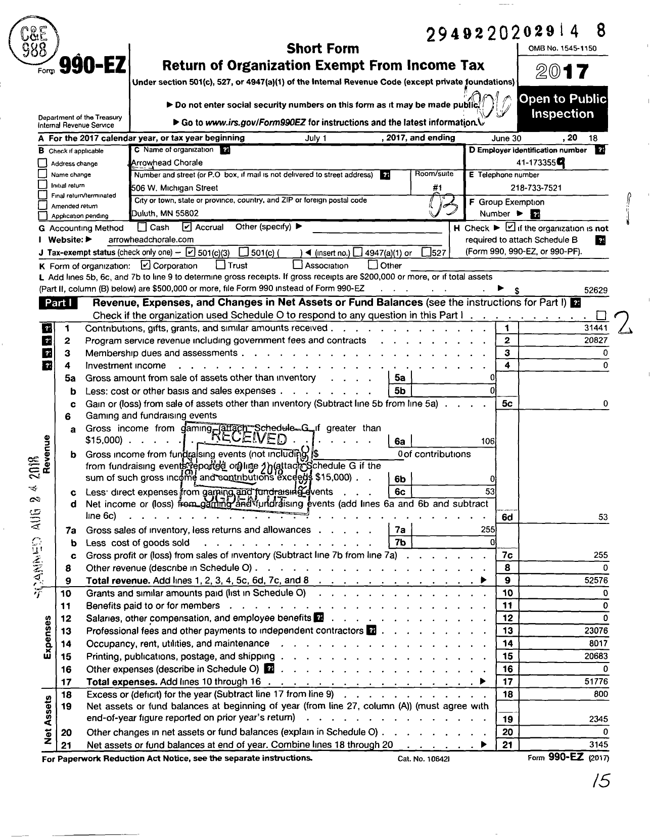 Image of first page of 2017 Form 990EZ for Arrowhead Chorale