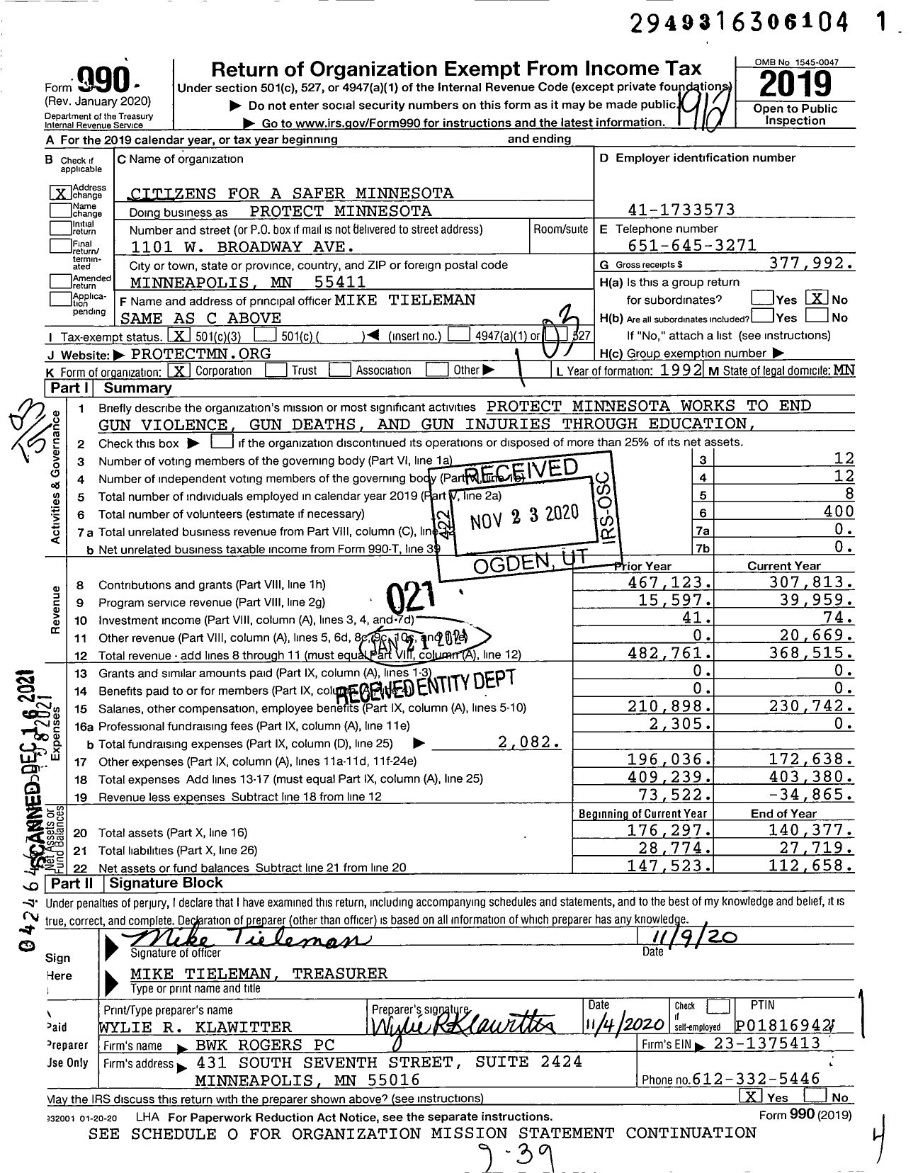 Image of first page of 2019 Form 990 for Protect Minnnesota