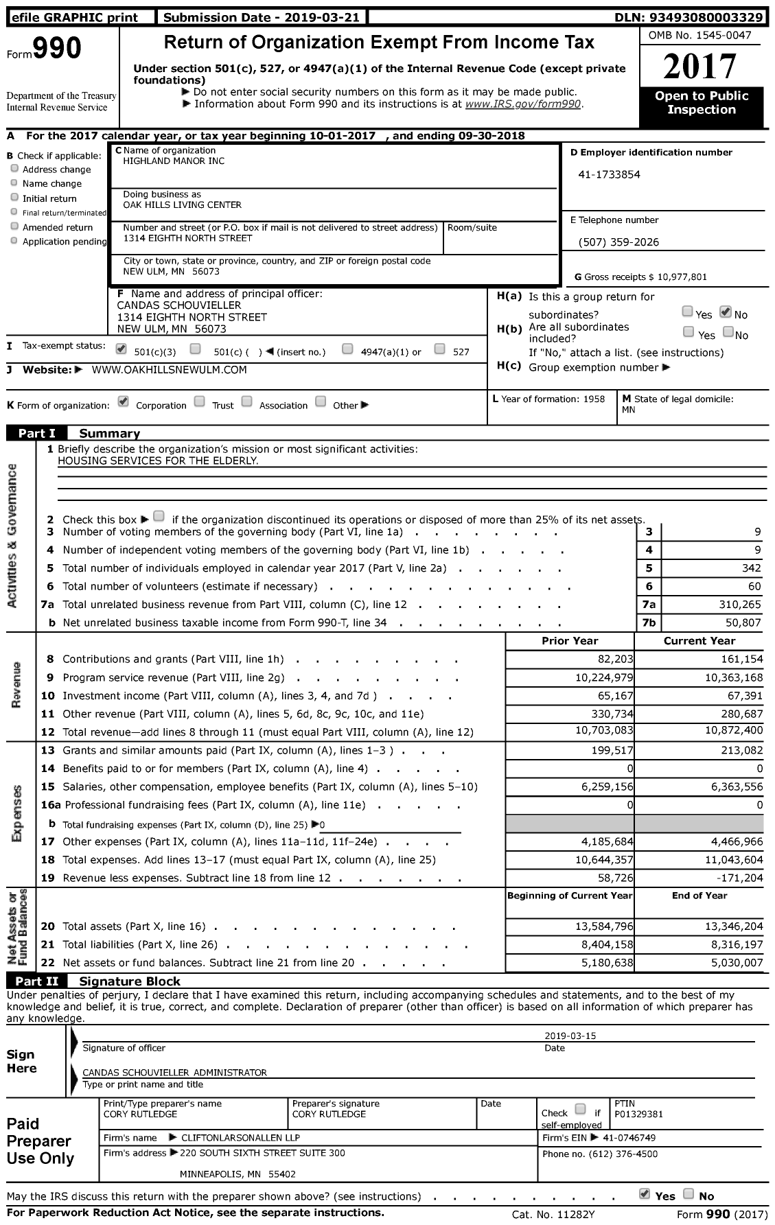 Image of first page of 2017 Form 990 for Oak Hills Living Center
