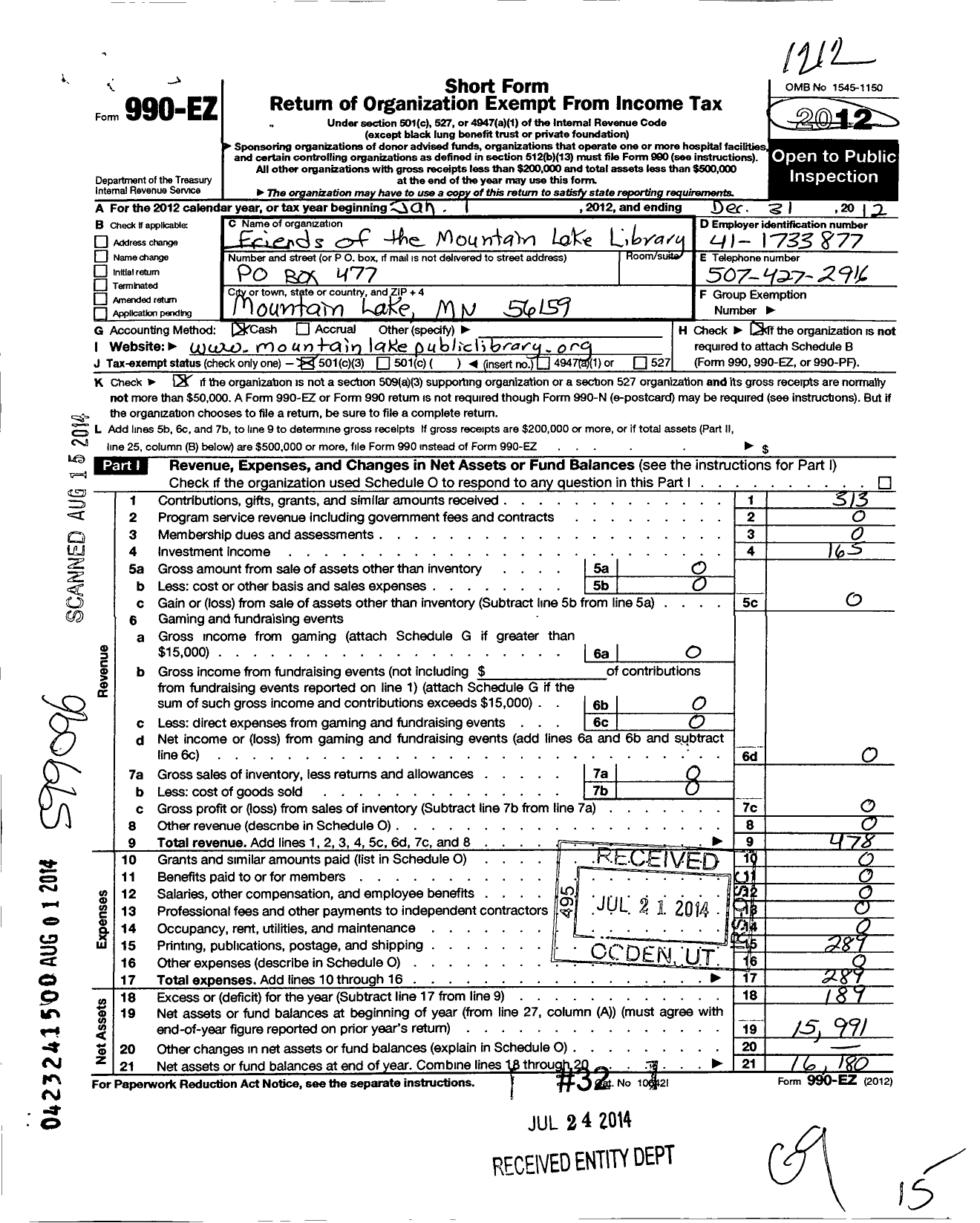 Image of first page of 2012 Form 990EZ for Friends of the Mountain Lake Library