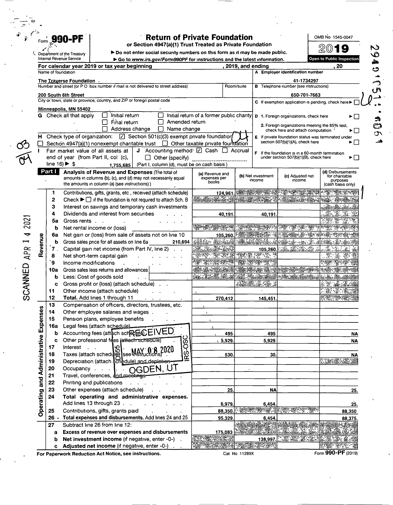 Image of first page of 2019 Form 990PF for The Traverse Foundation