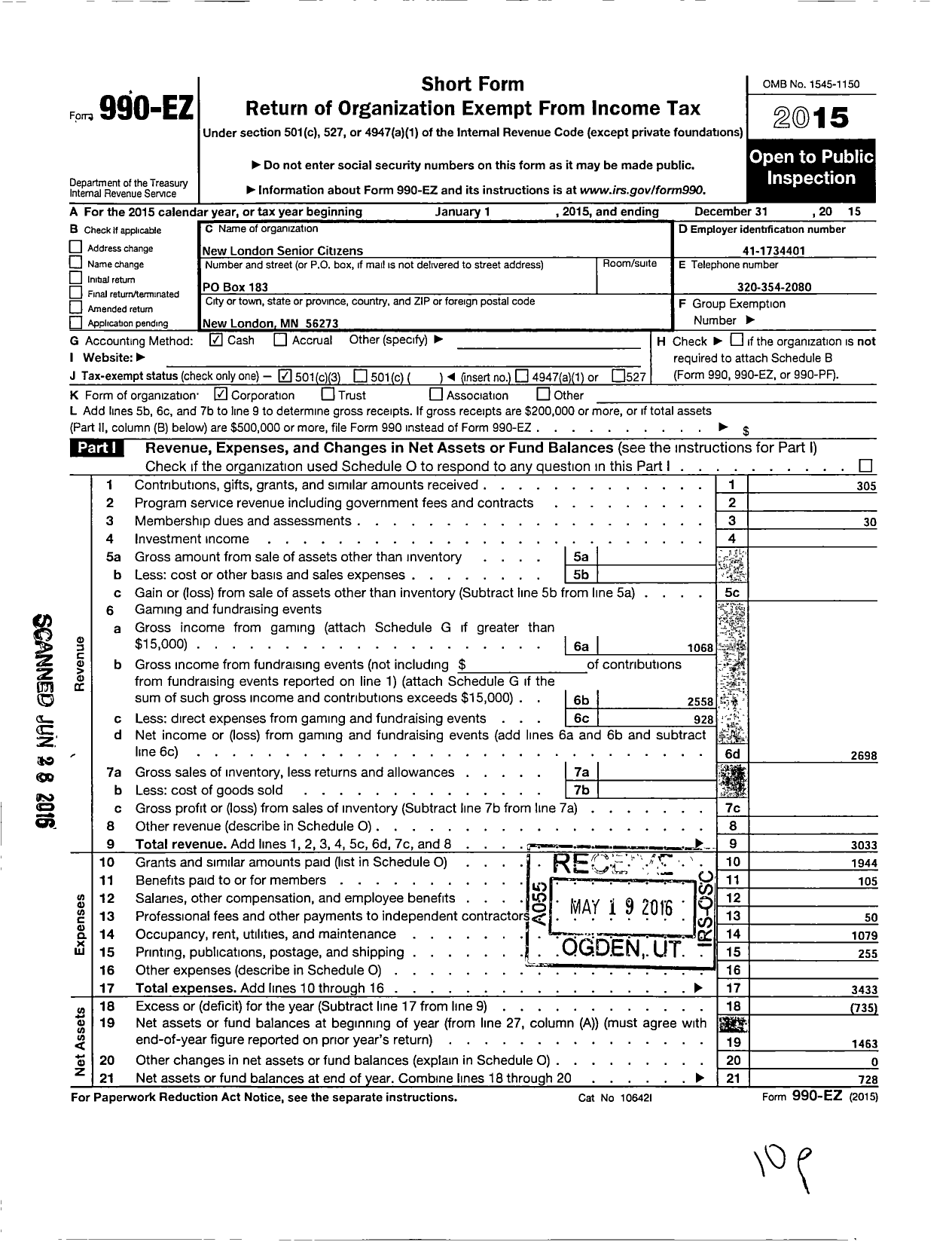 Image of first page of 2015 Form 990EZ for New London Senior Citizens Incorporated