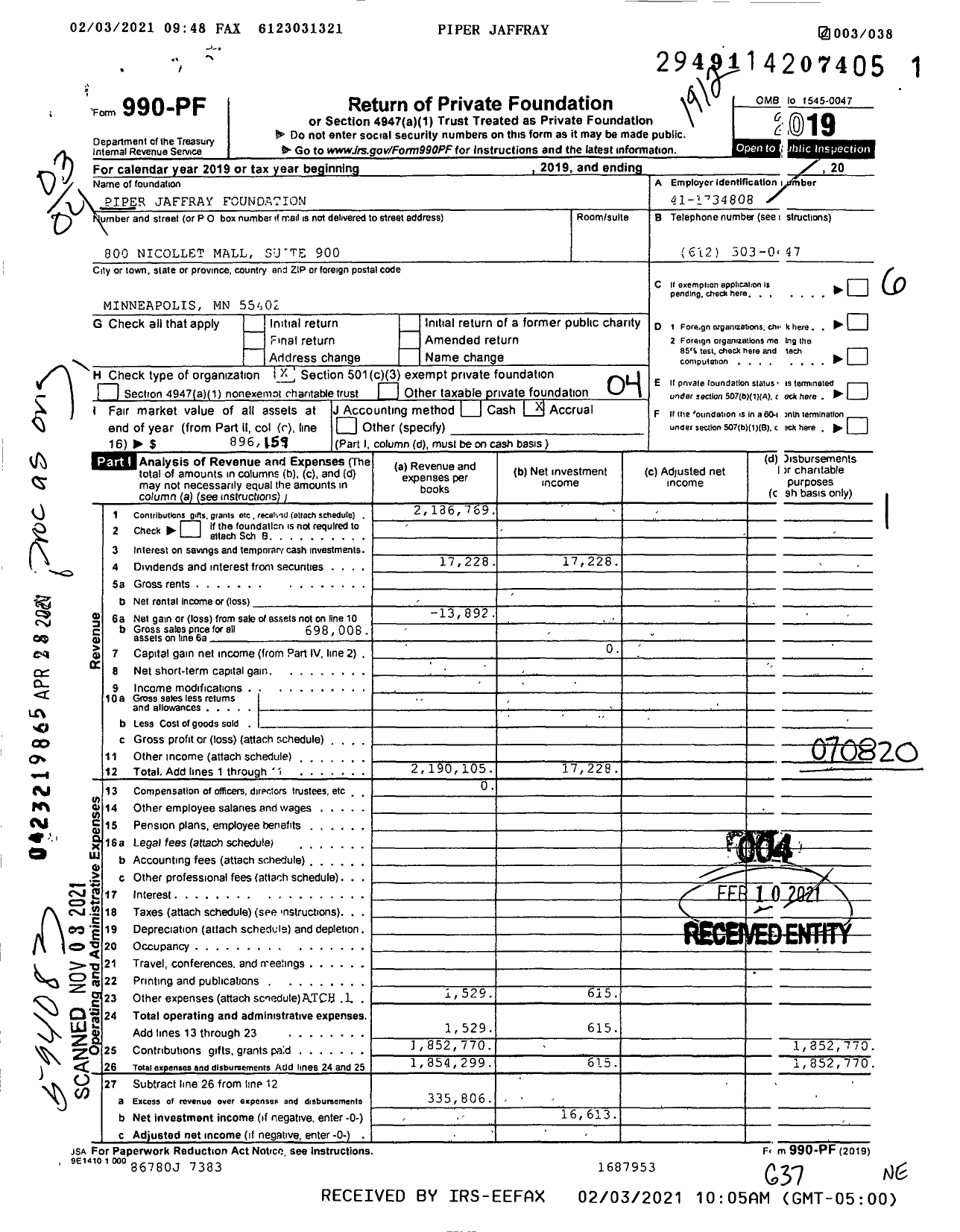 Image of first page of 2019 Form 990PF for Piper Sandler Foundation