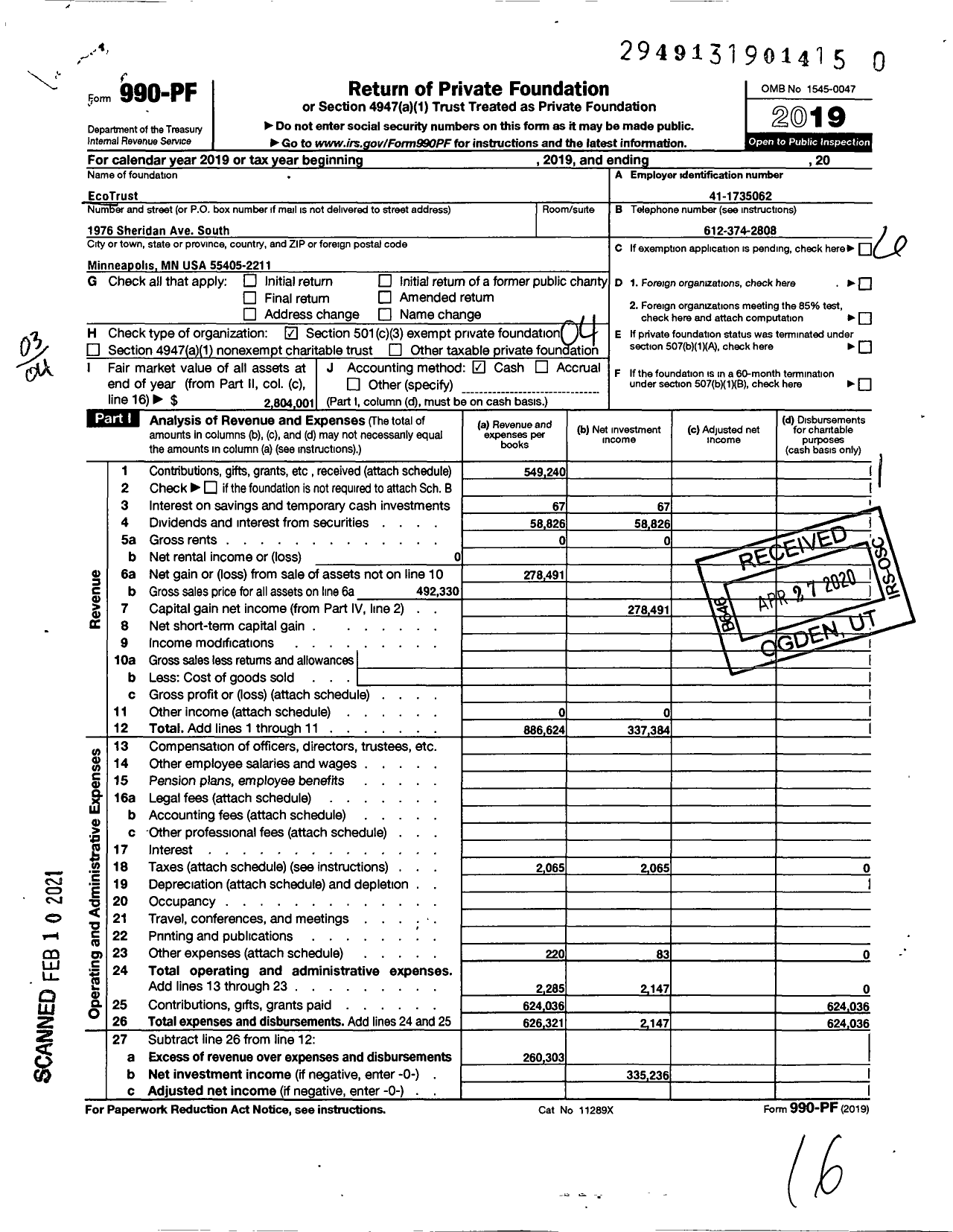 Image of first page of 2019 Form 990PF for EcoTrust / C-O Steven R Kruger