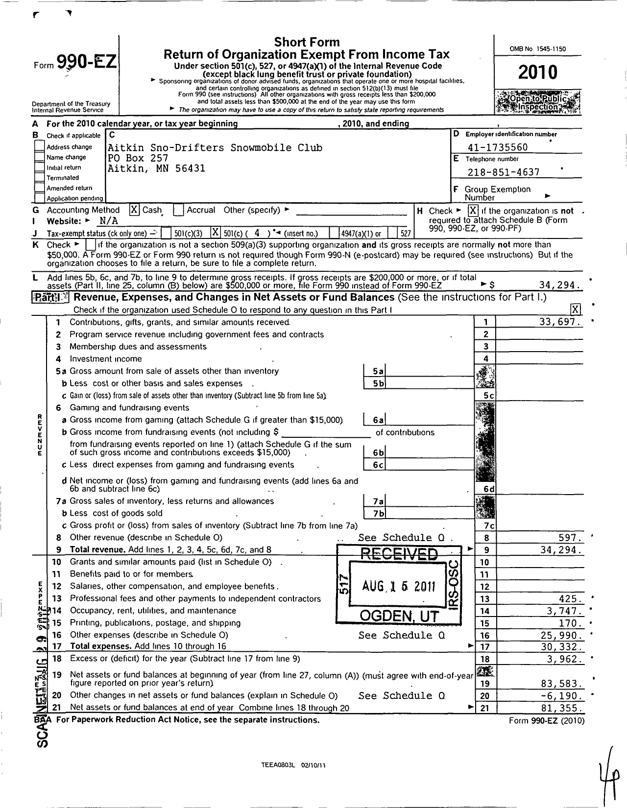 Image of first page of 2010 Form 990EO for Aitkin Sno-Drifters Snowmobile Club