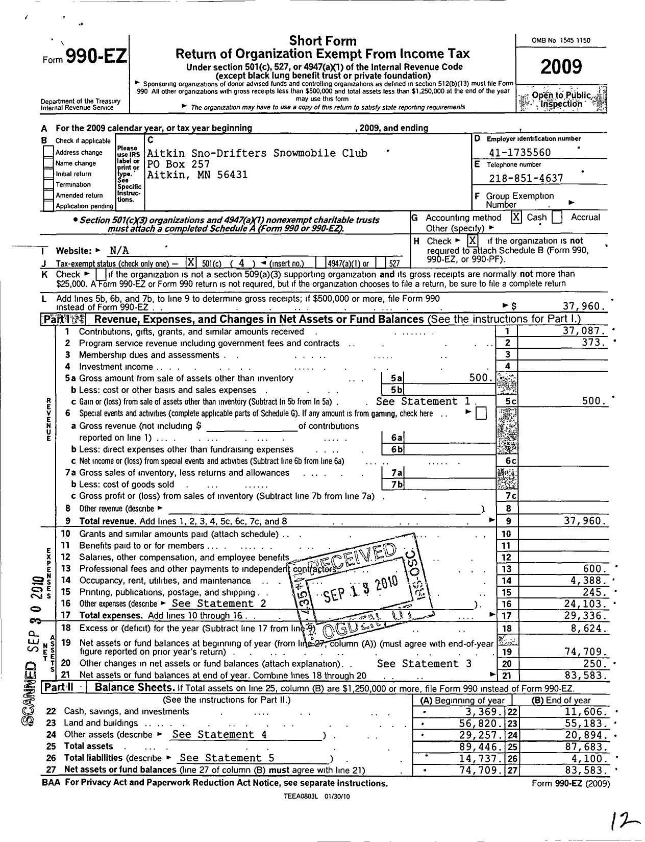 Image of first page of 2009 Form 990EO for Aitkin Sno-Drifters Snowmobile Club