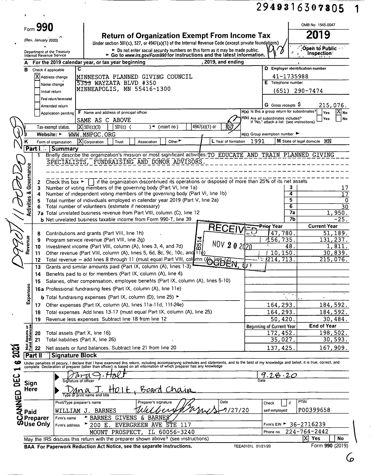 Image of first page of 2019 Form 990 for Minnesota Gift Planning Association