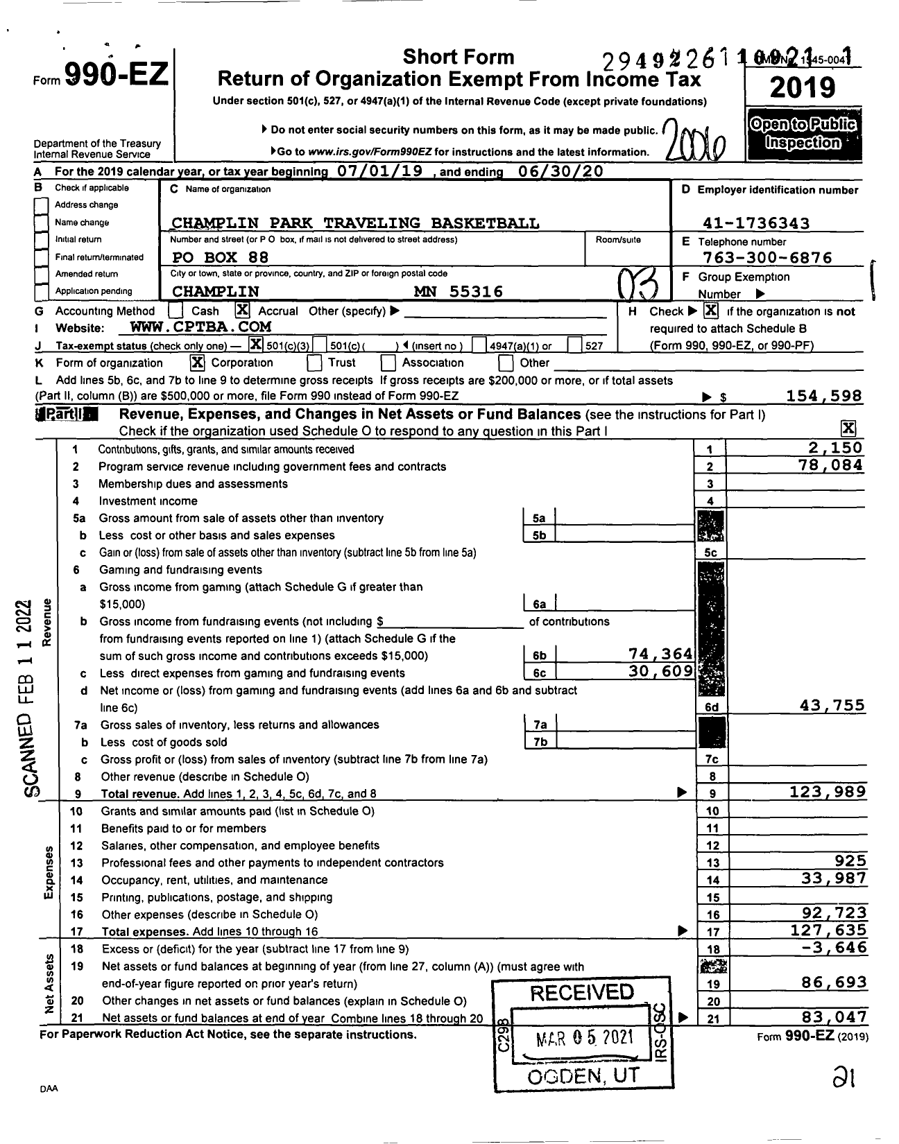 Image of first page of 2019 Form 990EZ for Champlin Park Traveling Basketball