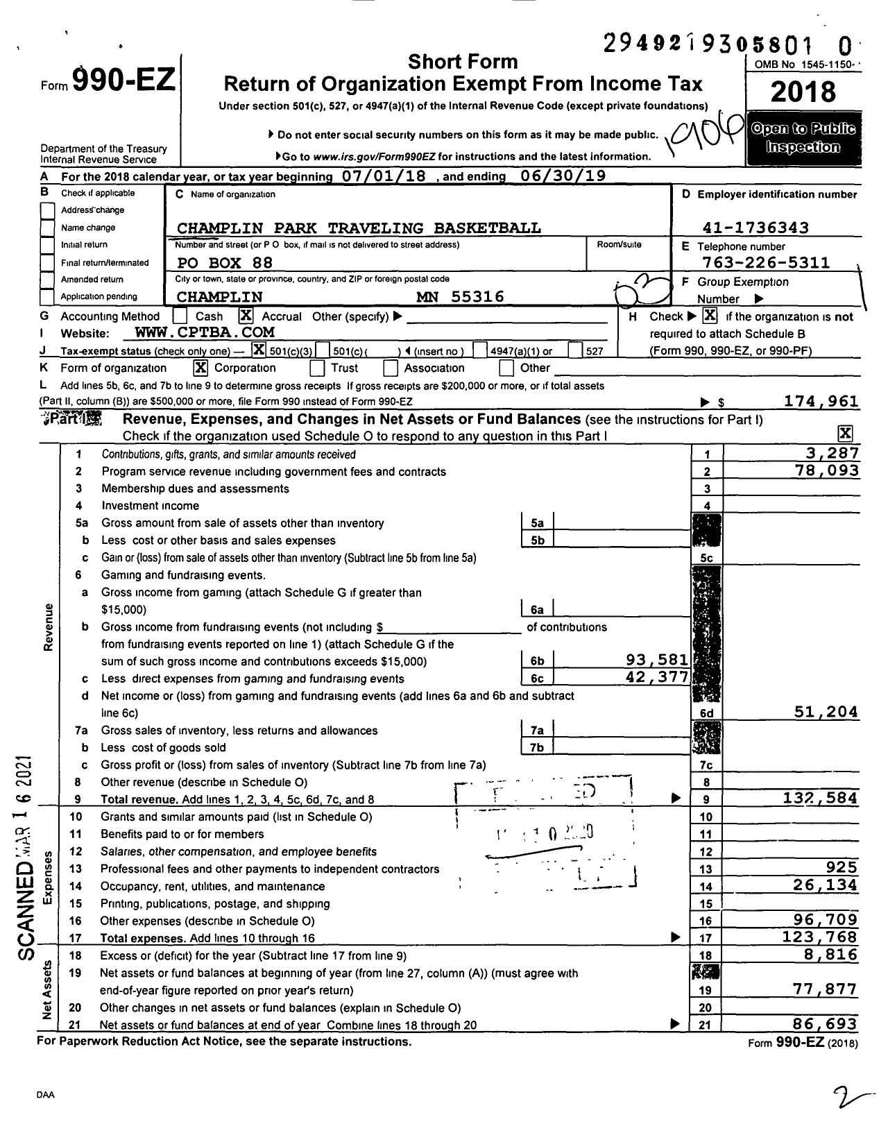 Image of first page of 2018 Form 990EZ for Champlin Park Traveling Basketball