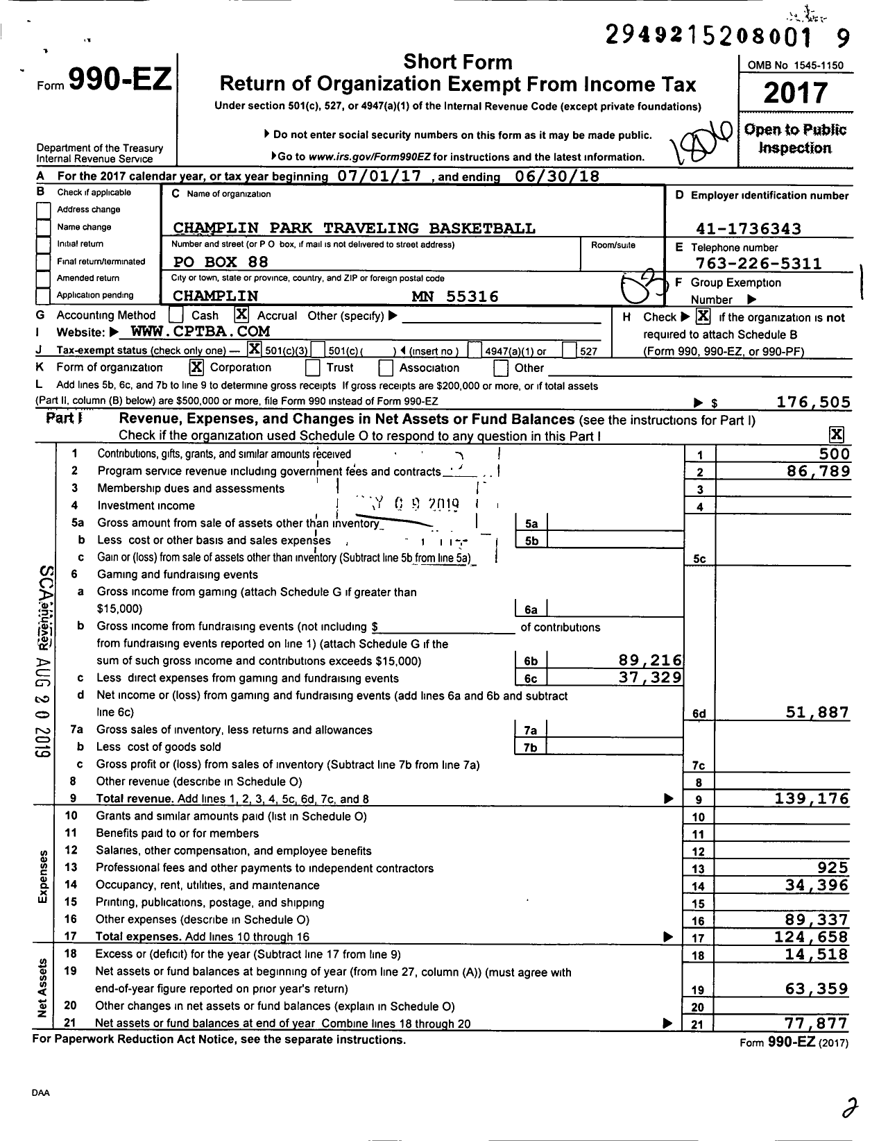 Image of first page of 2017 Form 990EZ for Champlin Park Traveling Basketball