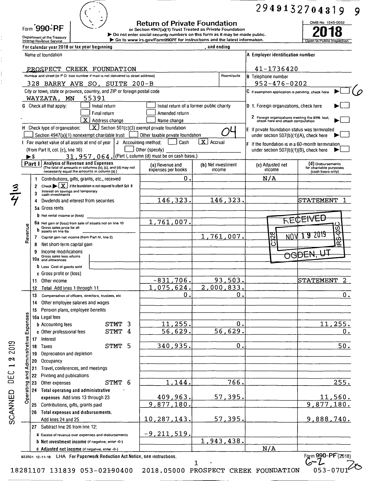 Image of first page of 2018 Form 990PF for Prospect Creek Foundation