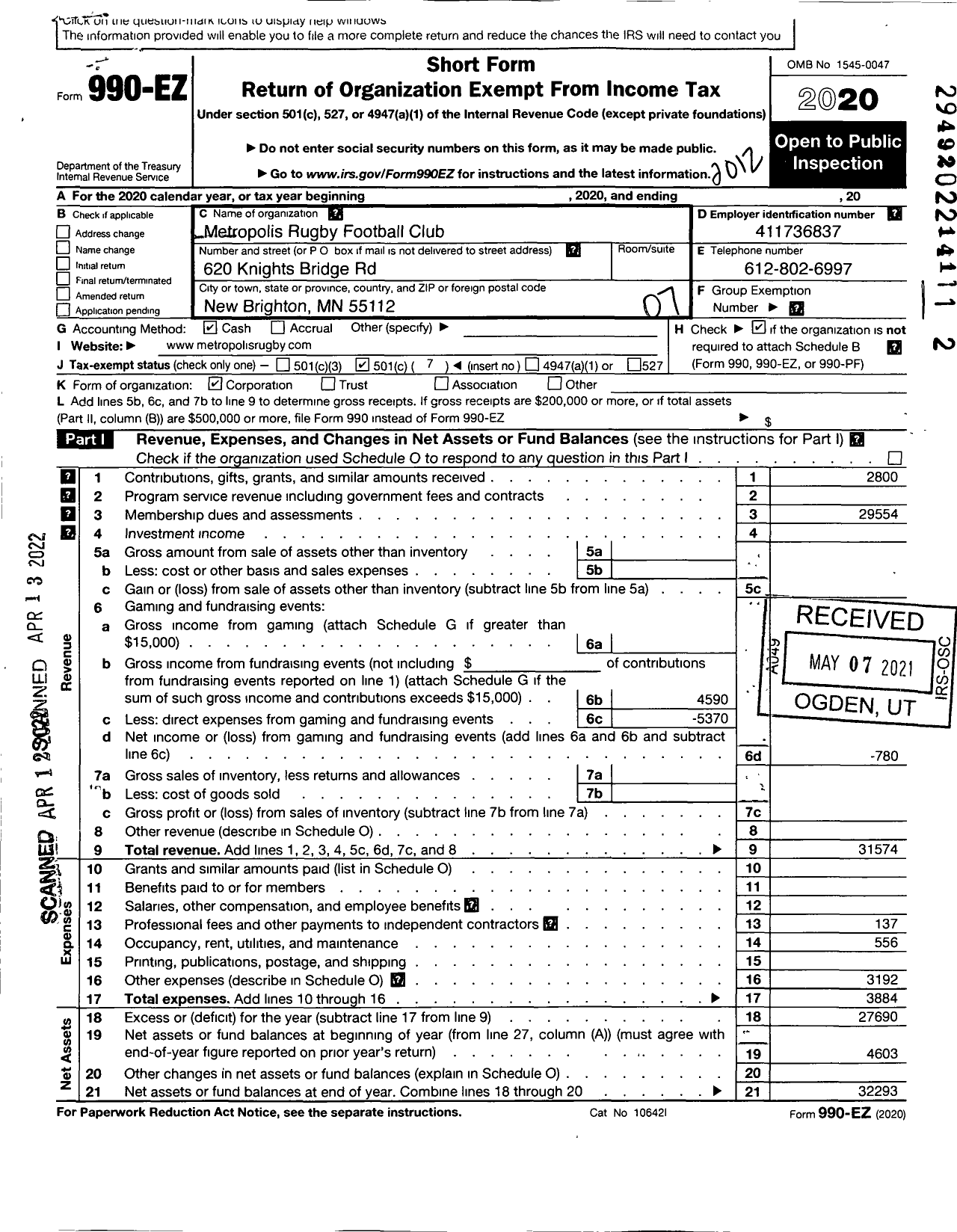 Image of first page of 2020 Form 990EO for Metropolis Rugby Football Club