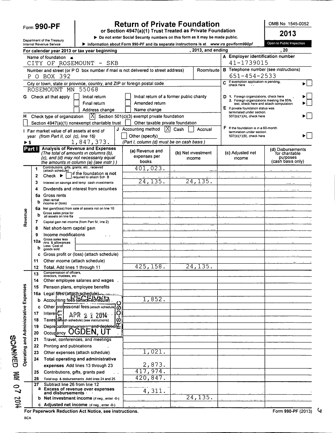 Image of first page of 2013 Form 990PF for City of Rosemount - SKB