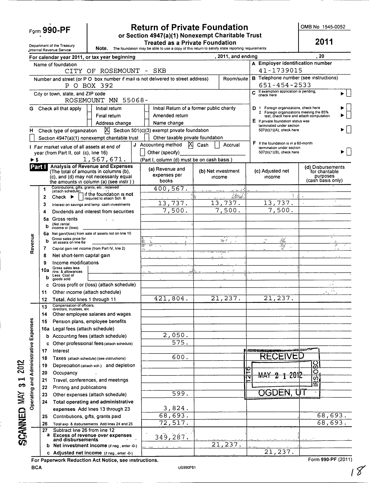 Image of first page of 2011 Form 990PF for City of Rosemount - SKB