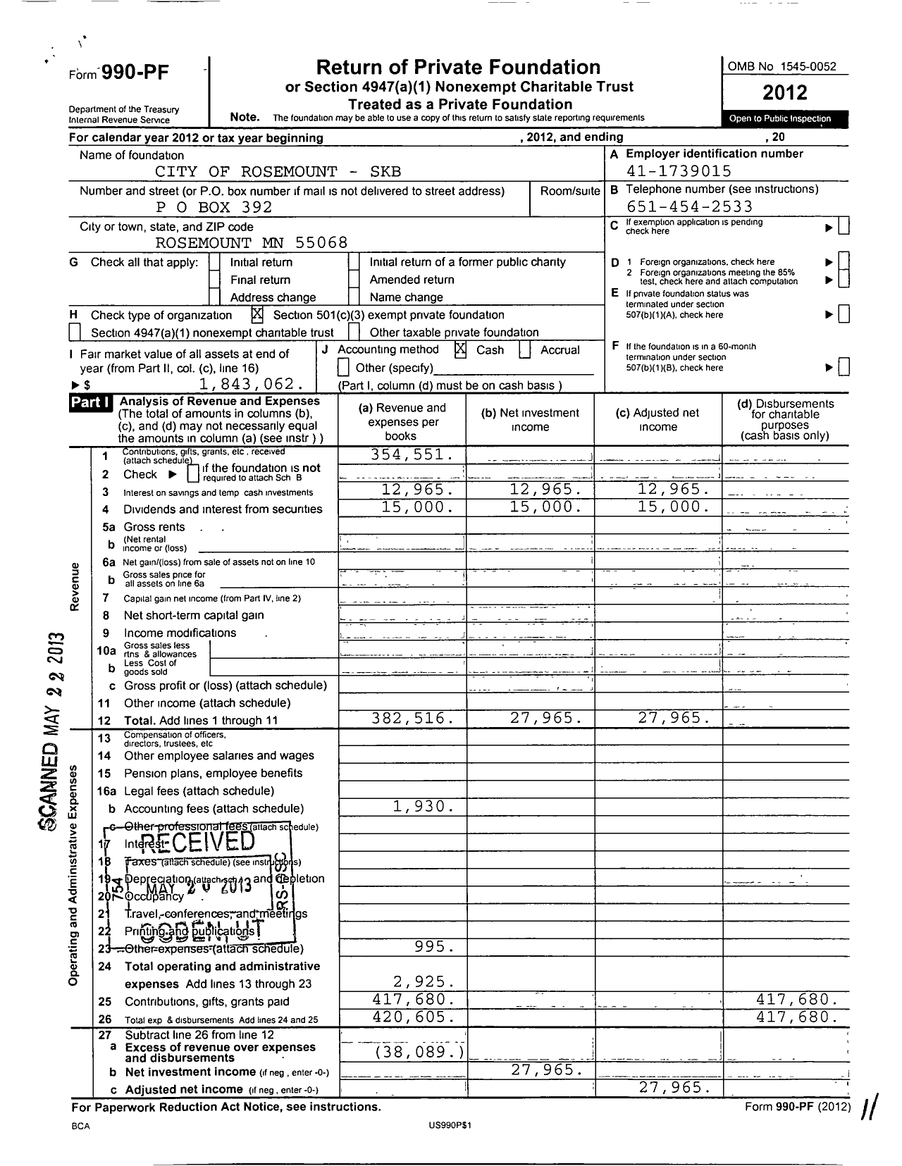 Image of first page of 2012 Form 990PF for City of Rosemount - SKB