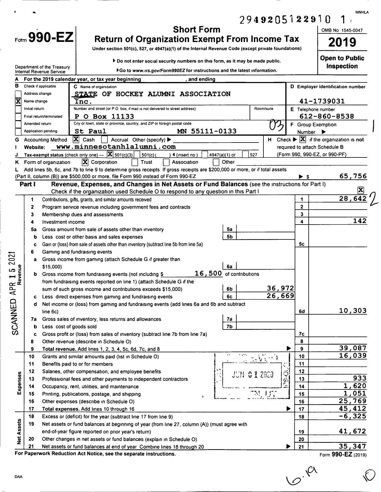 Image of first page of 2019 Form 990EZ for State of Hockey Alumni Association