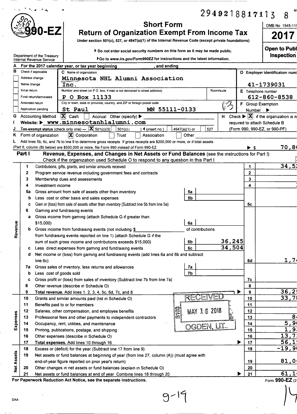 Image of first page of 2017 Form 990EZ for State of Hockey Alumni Association