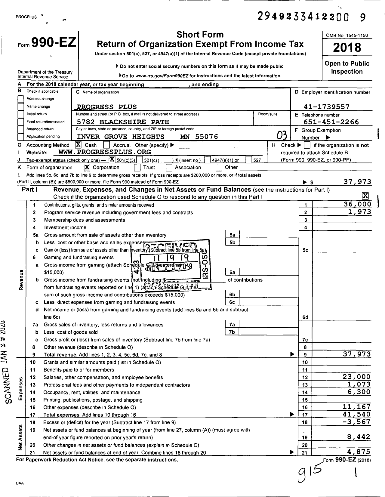 Image of first page of 2018 Form 990EZ for Progress Plus