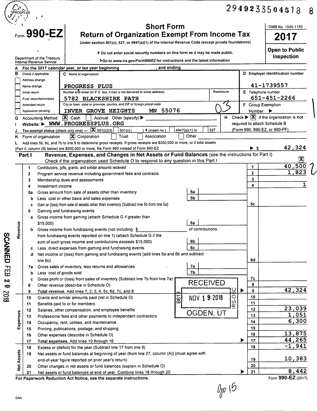 Image of first page of 2017 Form 990EZ for Progress Plus