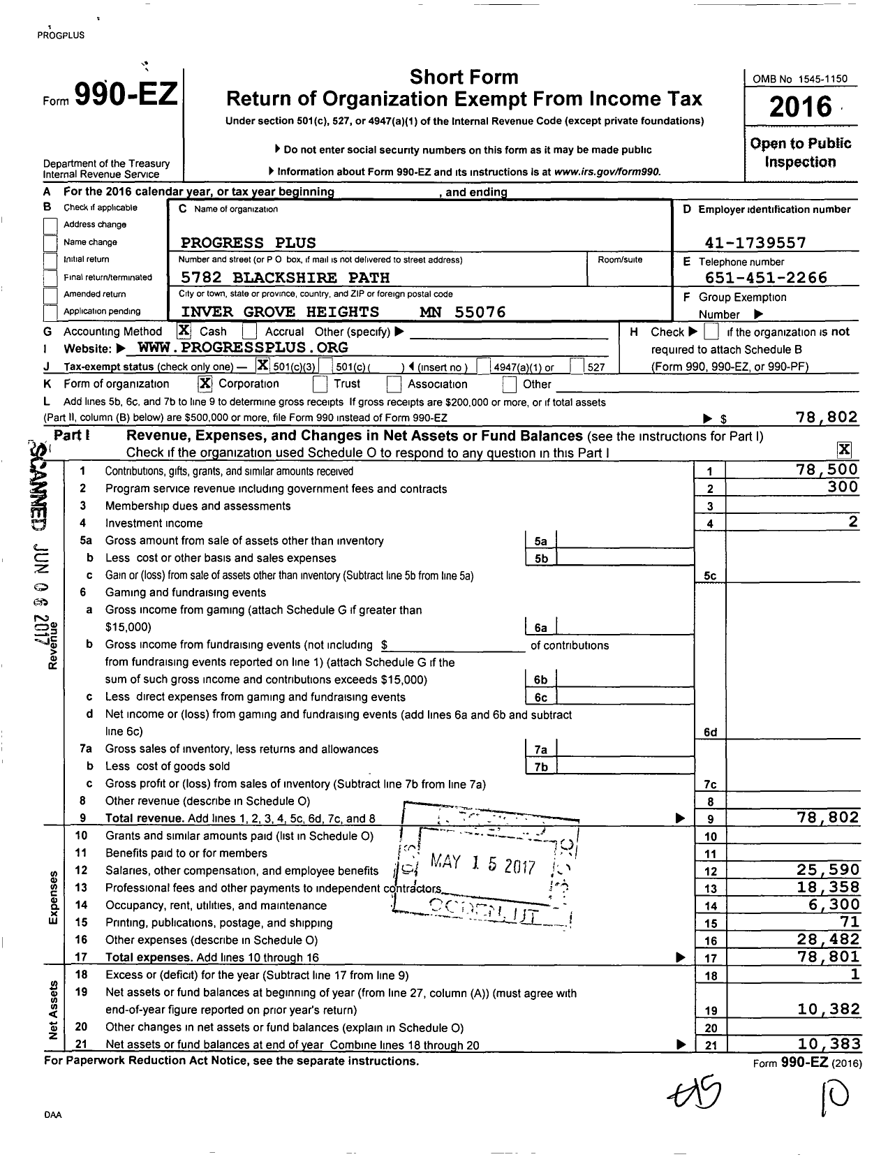 Image of first page of 2016 Form 990EZ for Progress Plus