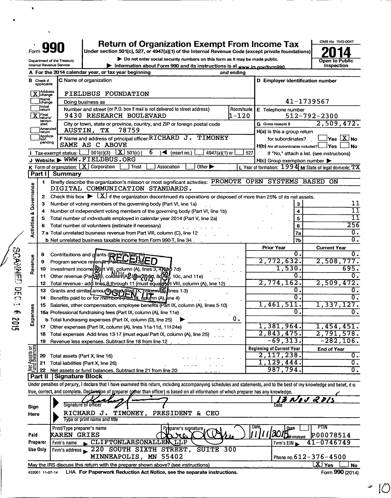 Image of first page of 2014 Form 990O for Fieldbus Foundation