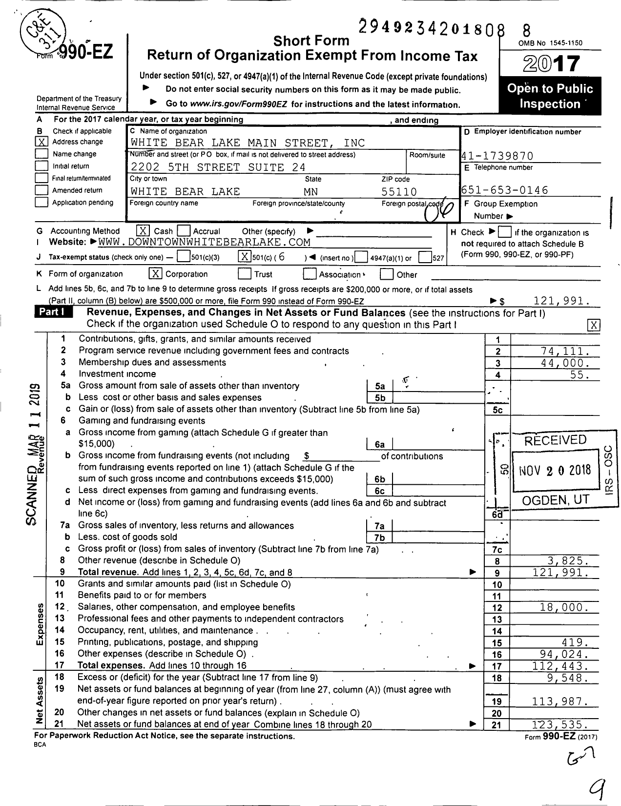 Image of first page of 2017 Form 990EO for White Bear Lake Main Street