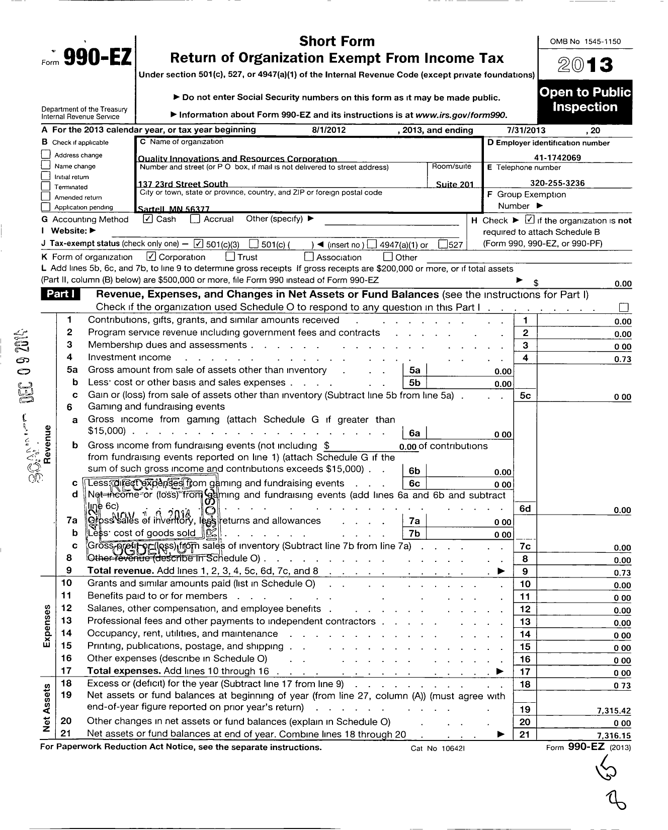 Image of first page of 2012 Form 990EZ for Quality Innovations and Resources Corporation