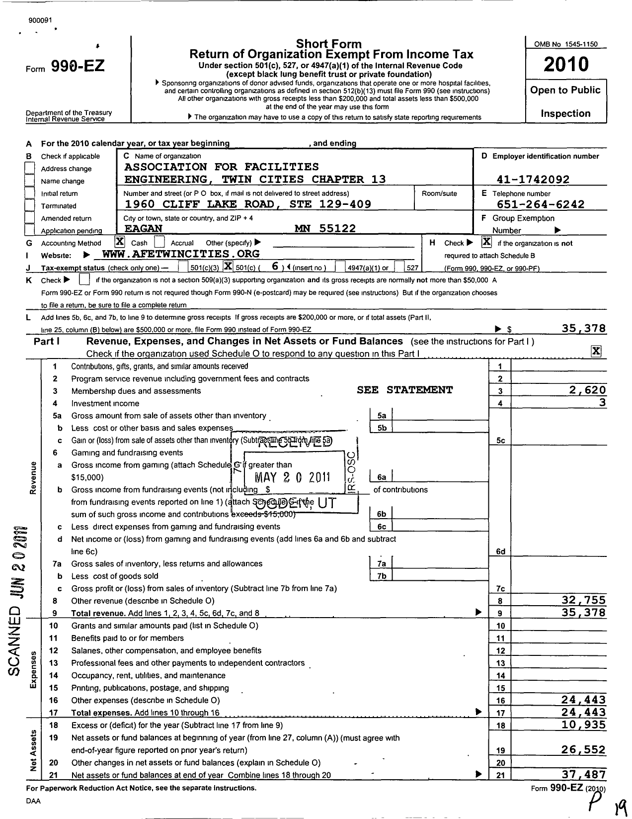 Image of first page of 2010 Form 990EO for Association for Facilities Engineer Ing Twin Cities Chapter 13