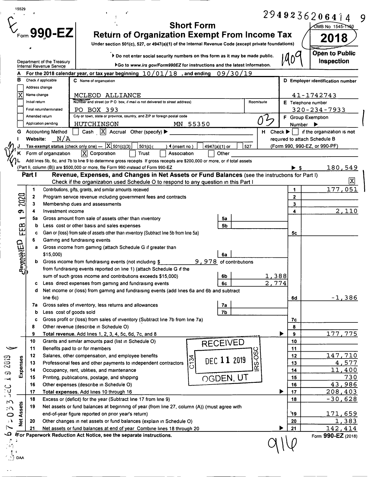 Image of first page of 2018 Form 990EZ for Mcleod Alliance