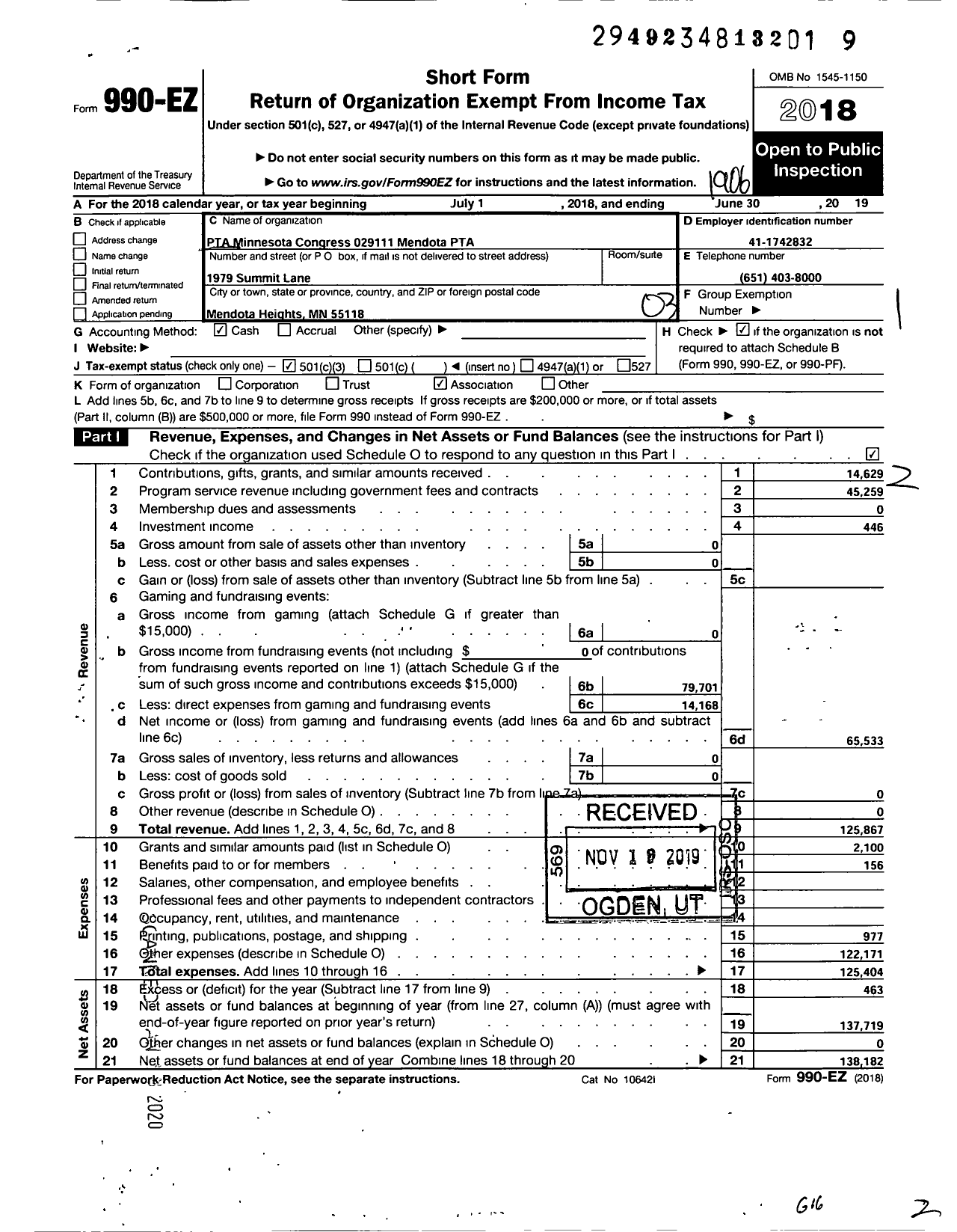 Image of first page of 2018 Form 990EZ for PTA Minnesota Congress 029111 Mendota PTA